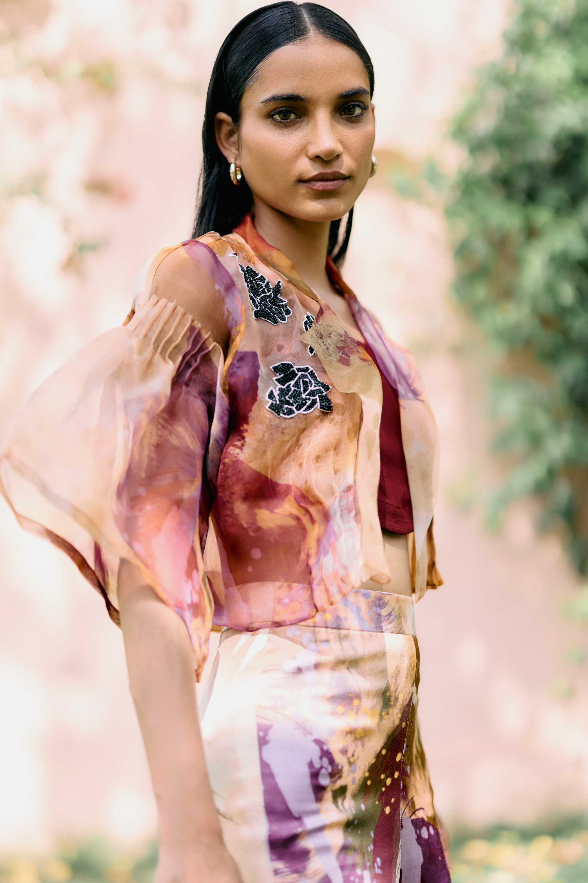 Splatter Organza Short Jacket With Pant Set