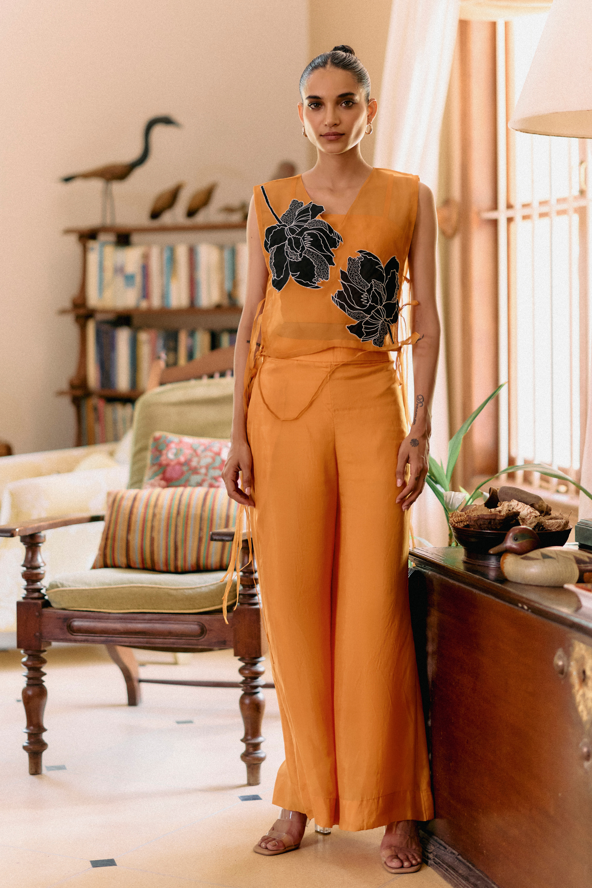 Orange Organza Applique Bib With Pants