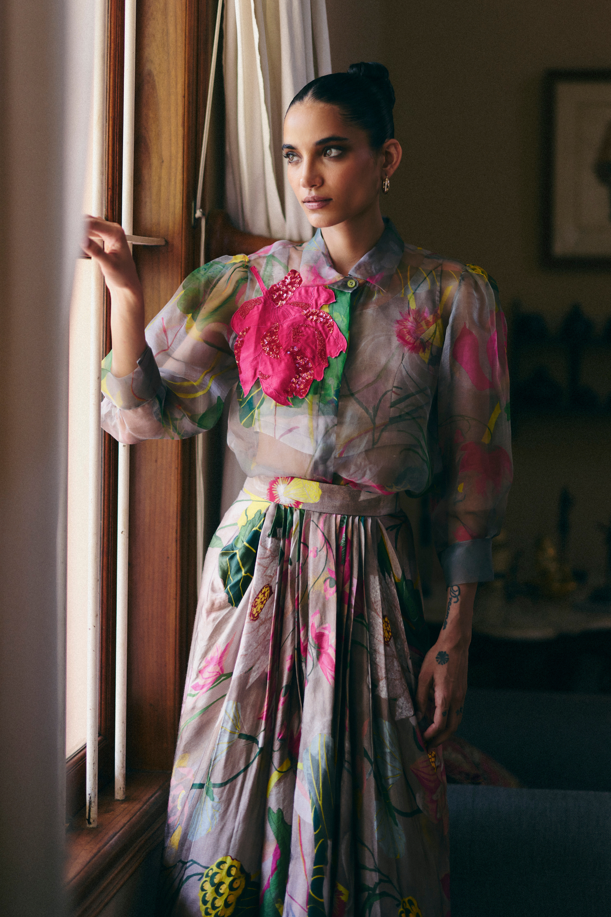 Lotus Organza Shirt Set With Pleated Skirt