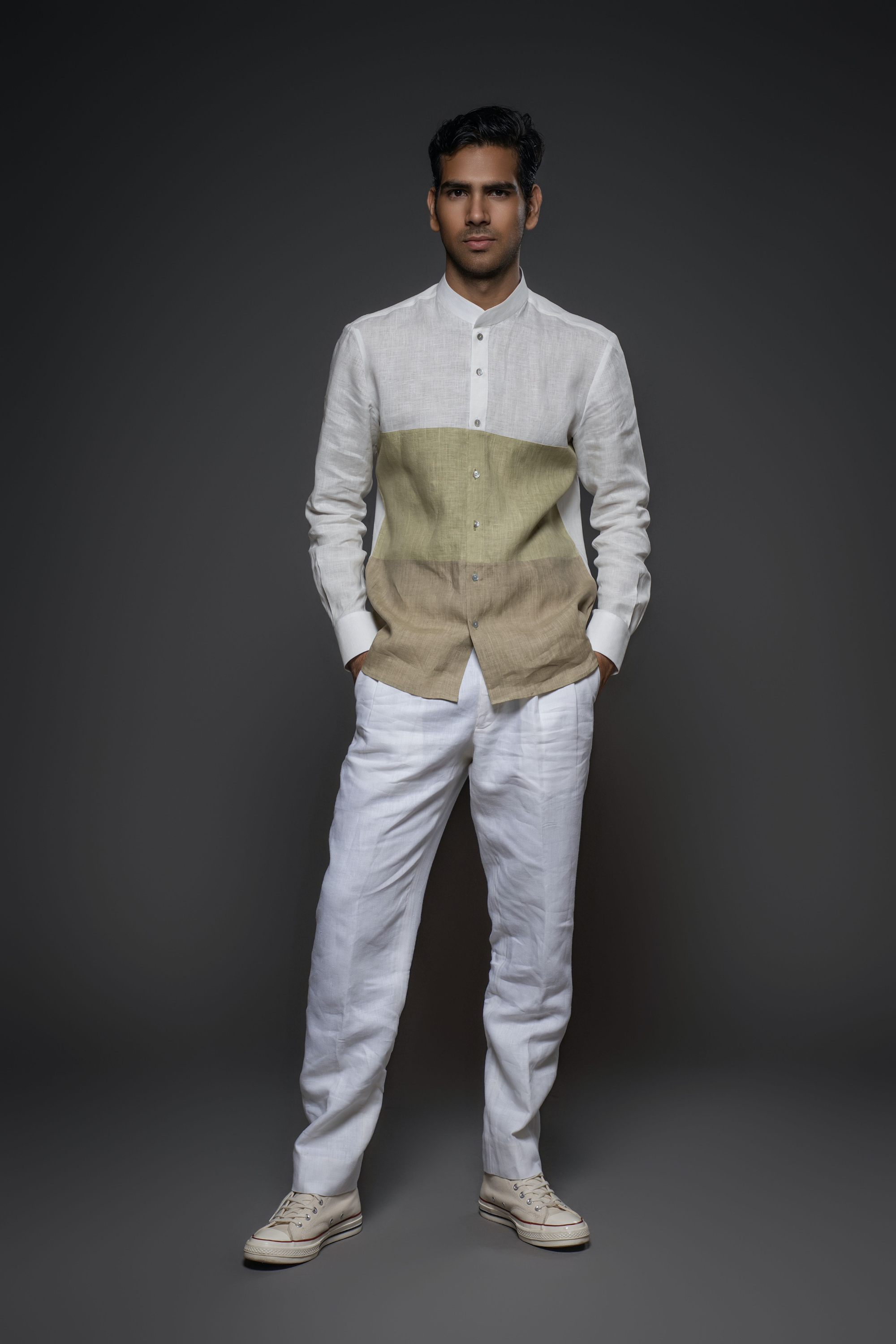 Ivory Linen Shirt With Color Block