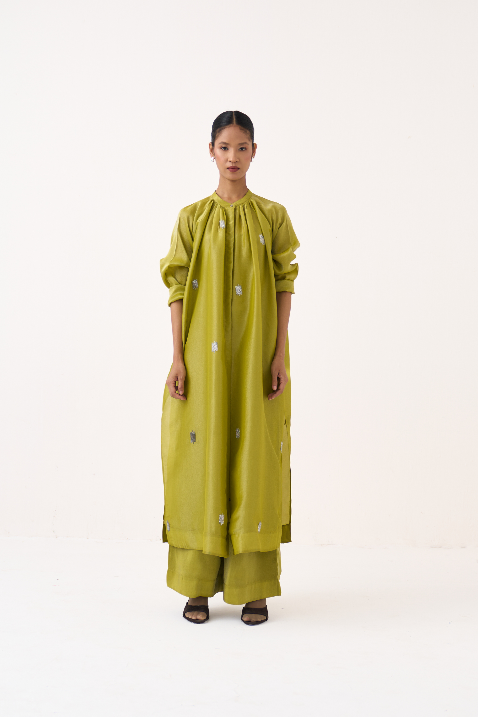 Hand Emb. Gather Neck Shirt Co-ord (set Of 2)