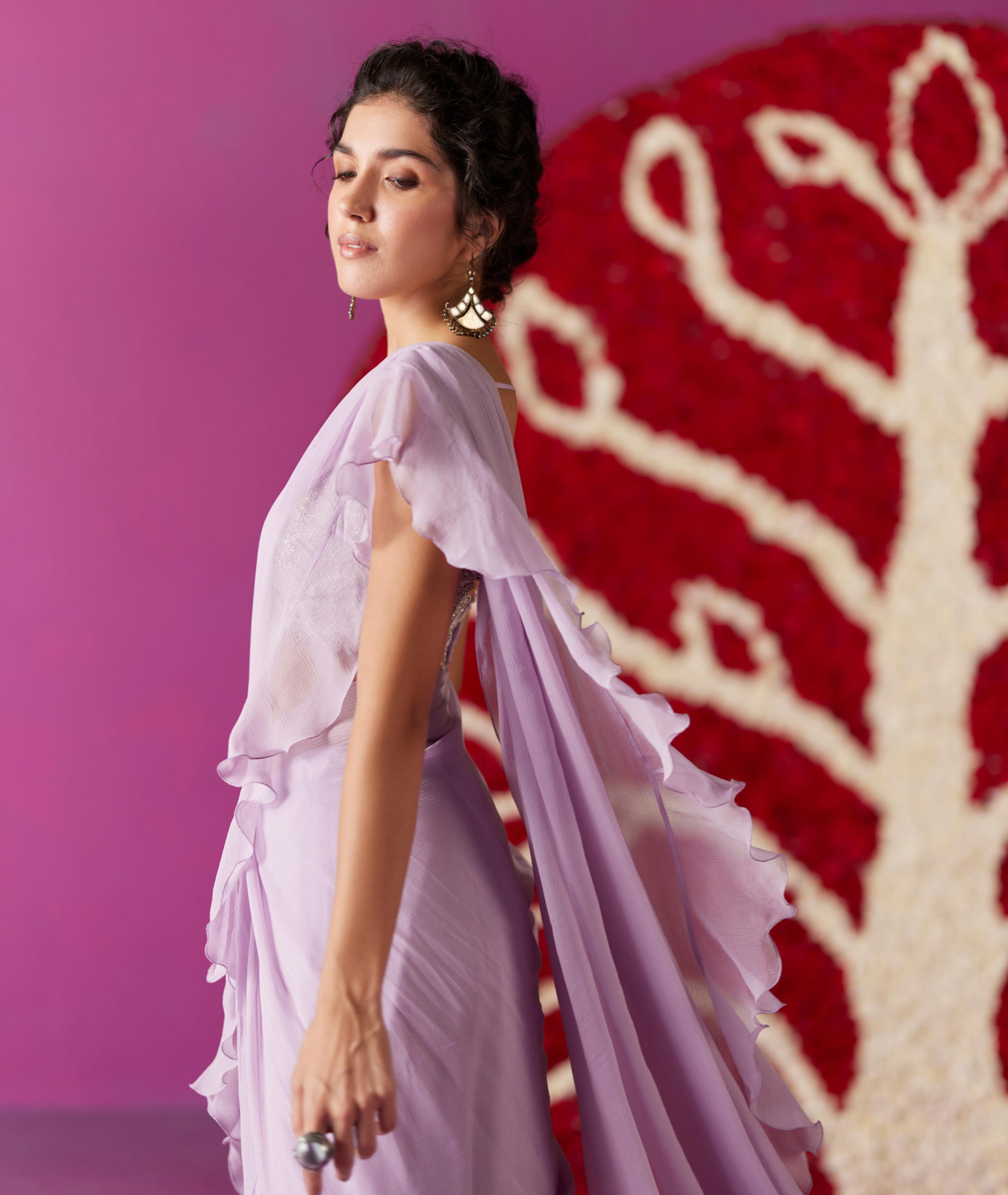 Beautiful ruffles Saree style dress. | Fashionable saree blouse designs,  Elegant saree, Stylish sarees