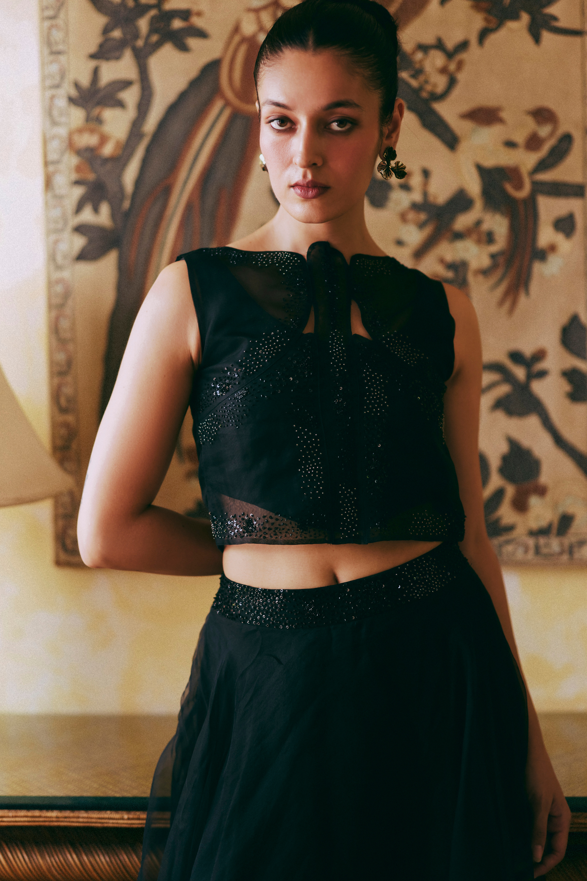Black Organza Beaded Top And Skirt Set