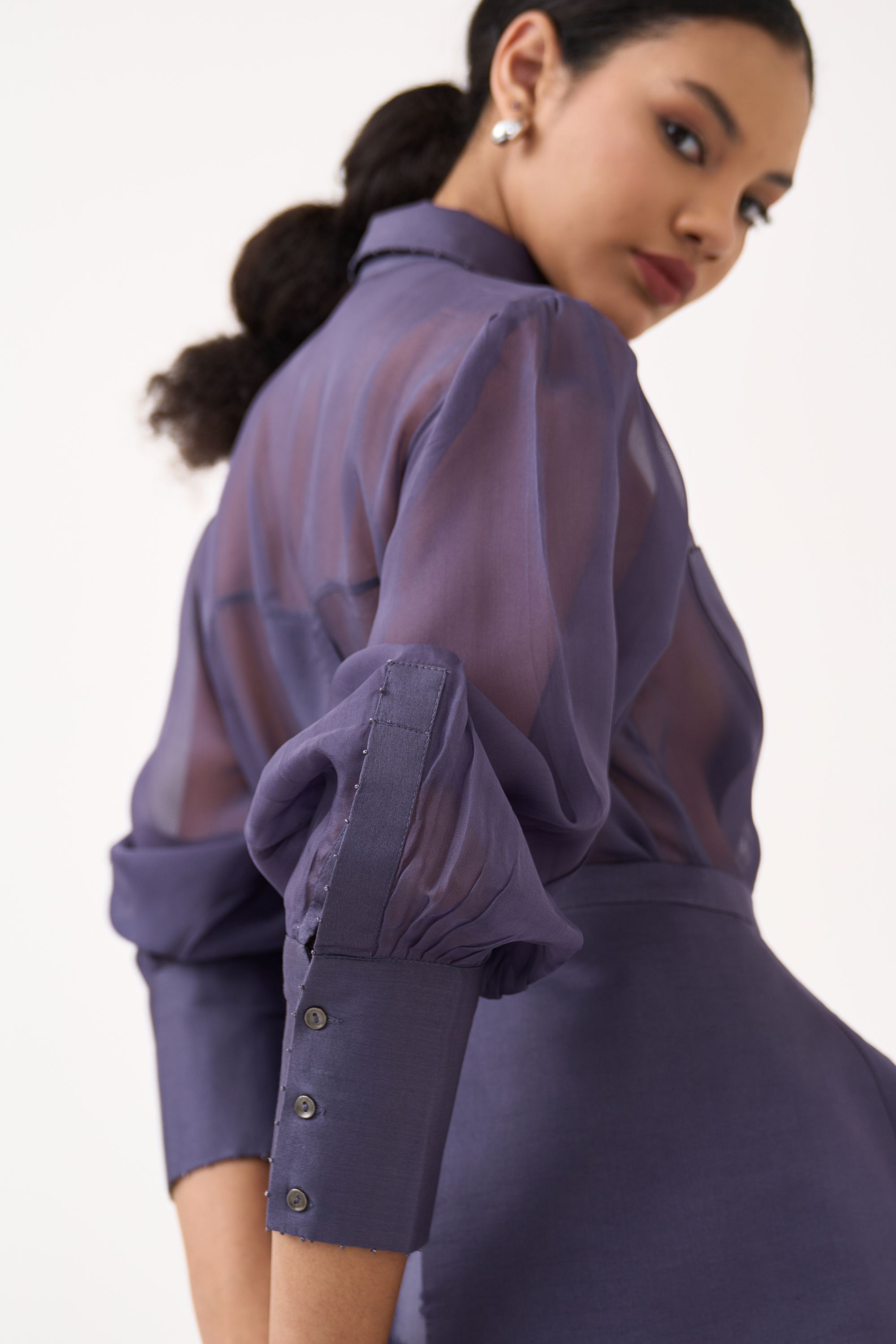 Beaded Collar Sheer Shirt Co-ord