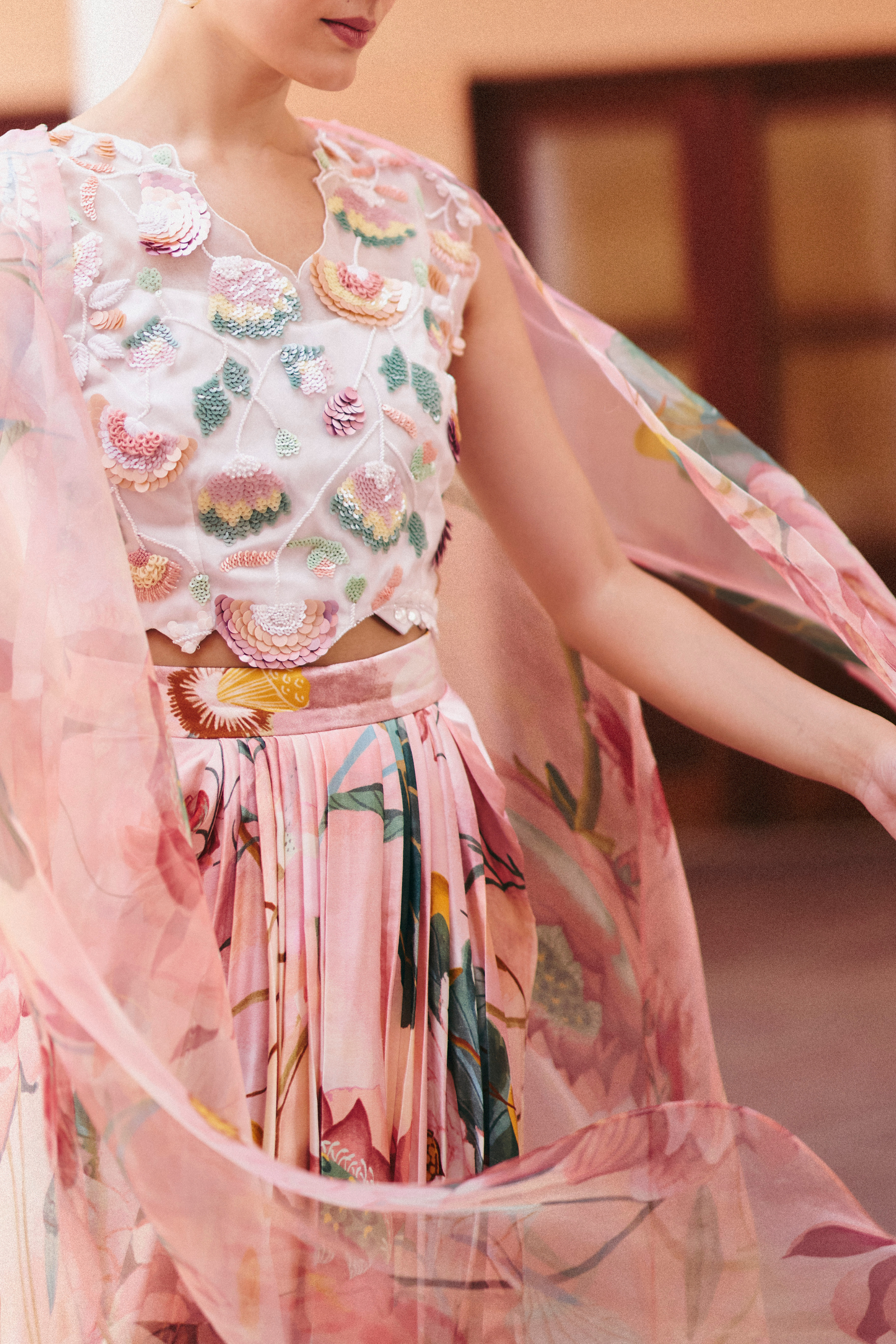 Beaded Top With Lotus Skirt And Cape