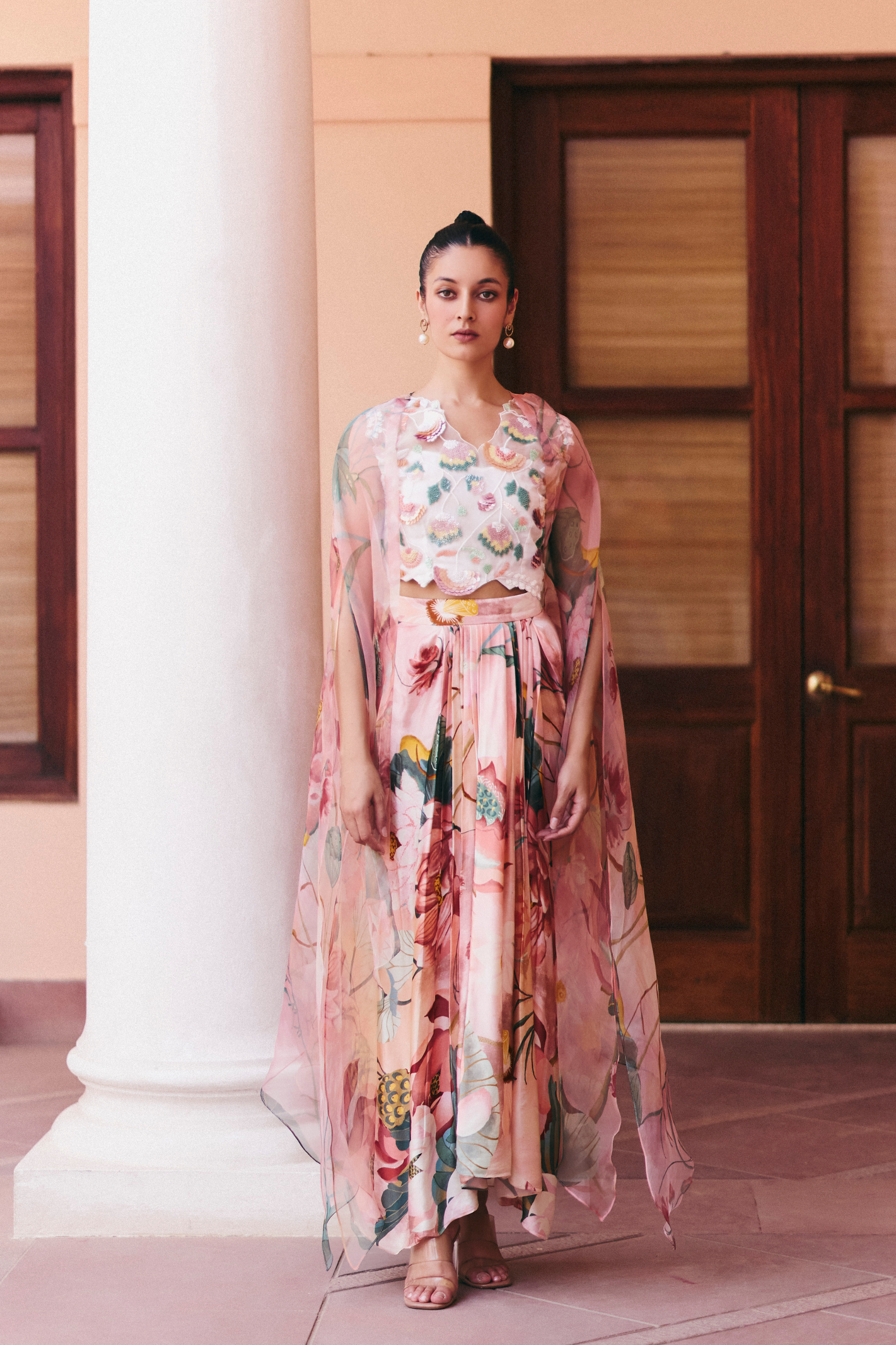 Beaded Top With Lotus Skirt And Cape