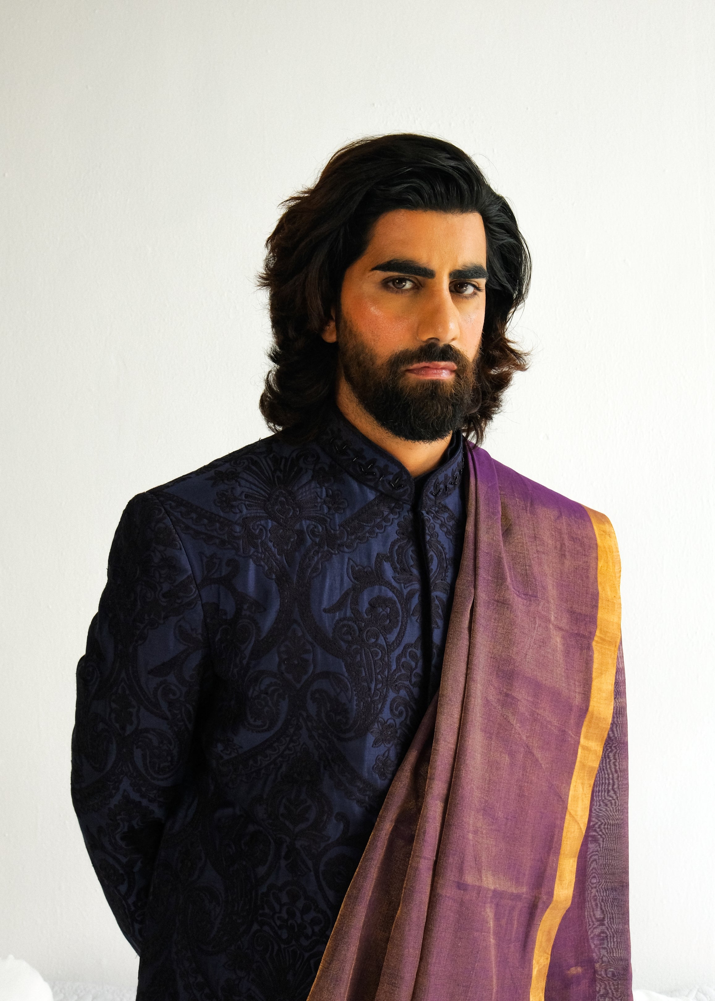 Aari Embroidery Ink Blue Kurta Set