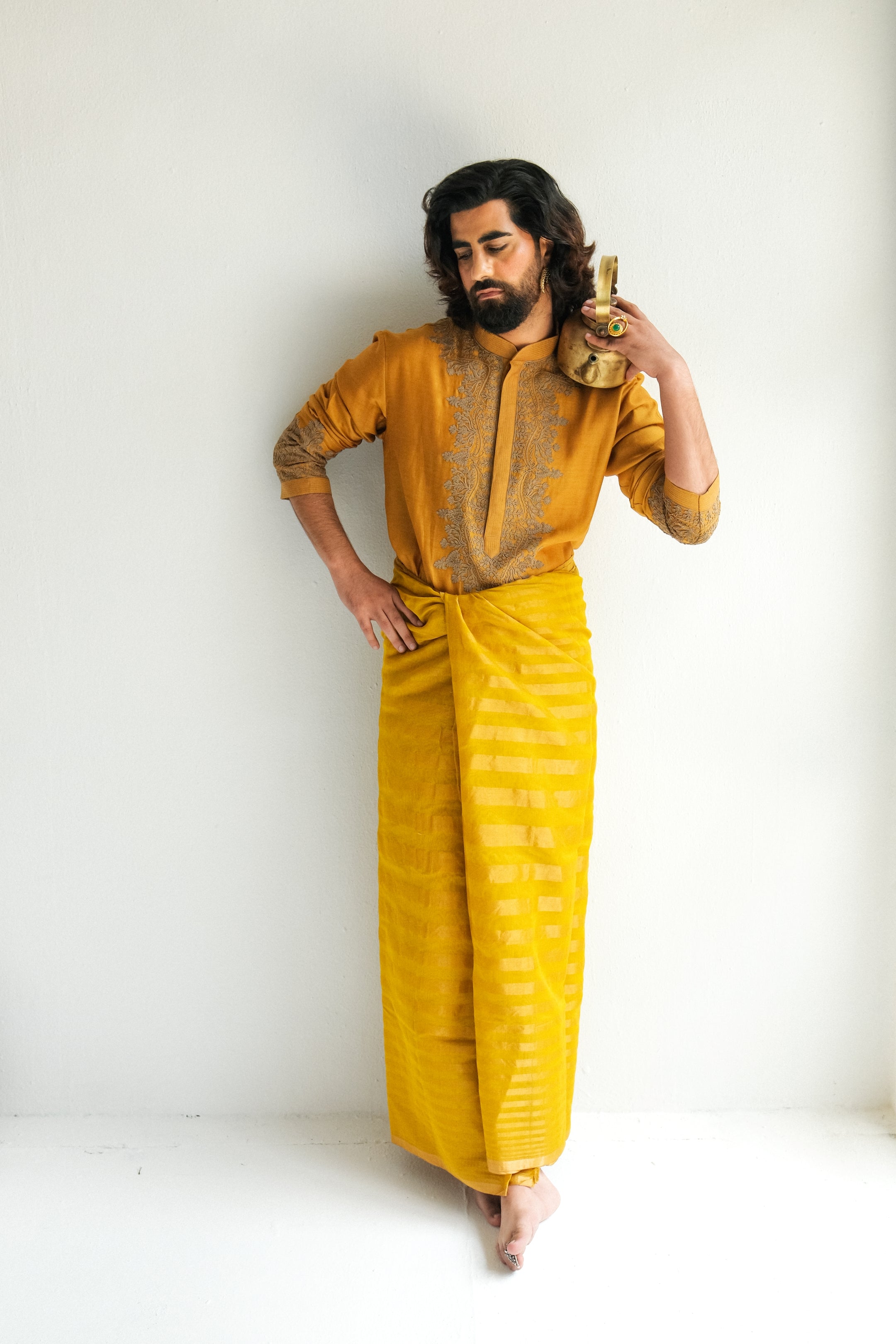 Dori And Marodi Embroidery Mustard Kurta Set