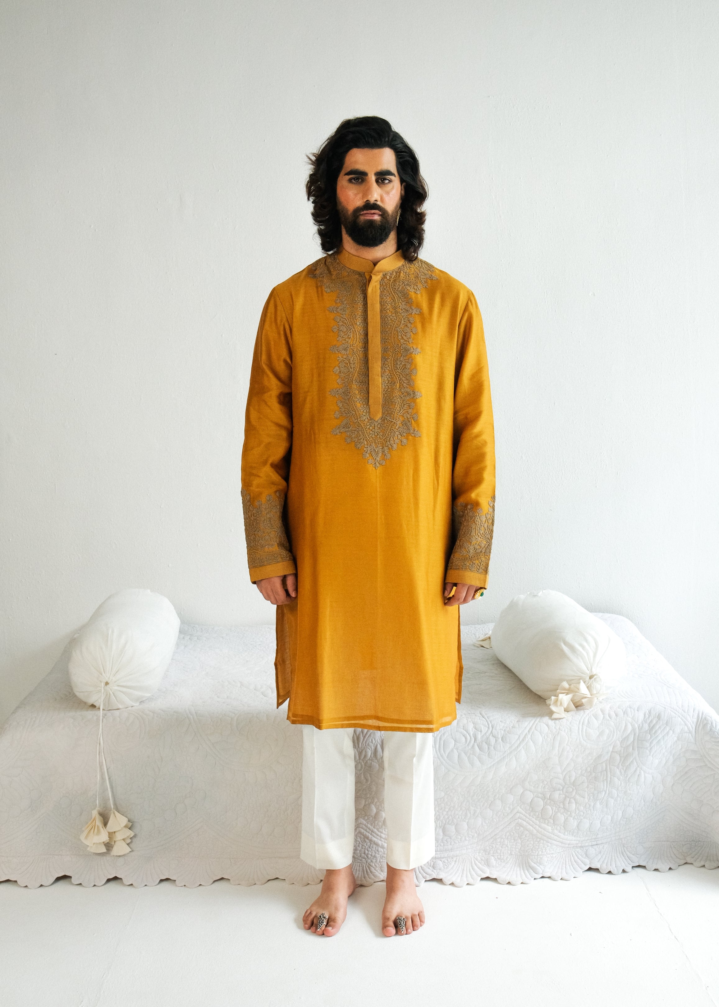 Dori And Marodi Embroidery Mustard Kurta Set