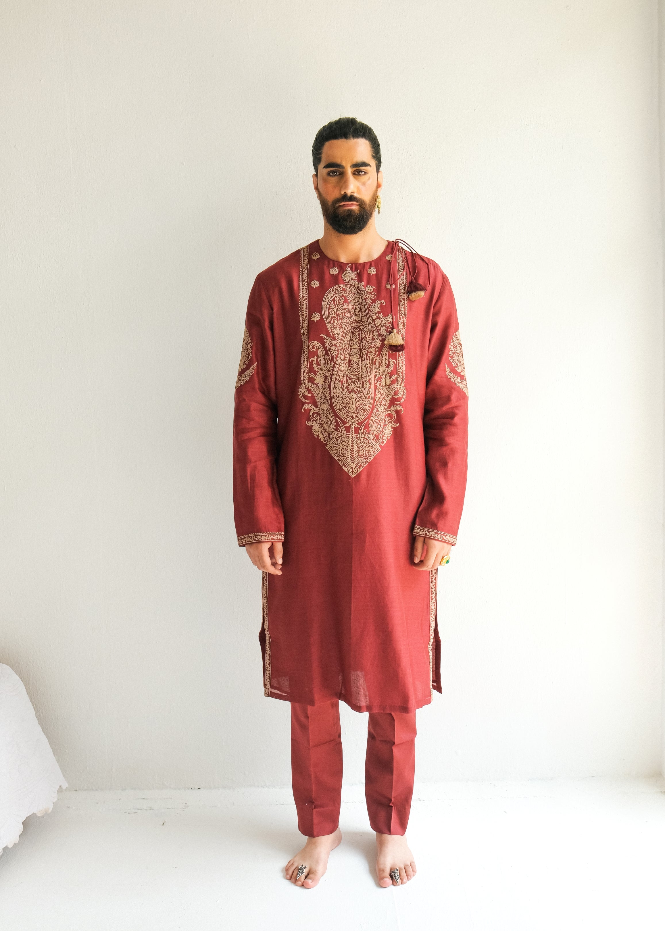 Dori And Marodi Embroidery Cherry Red Kurta Set