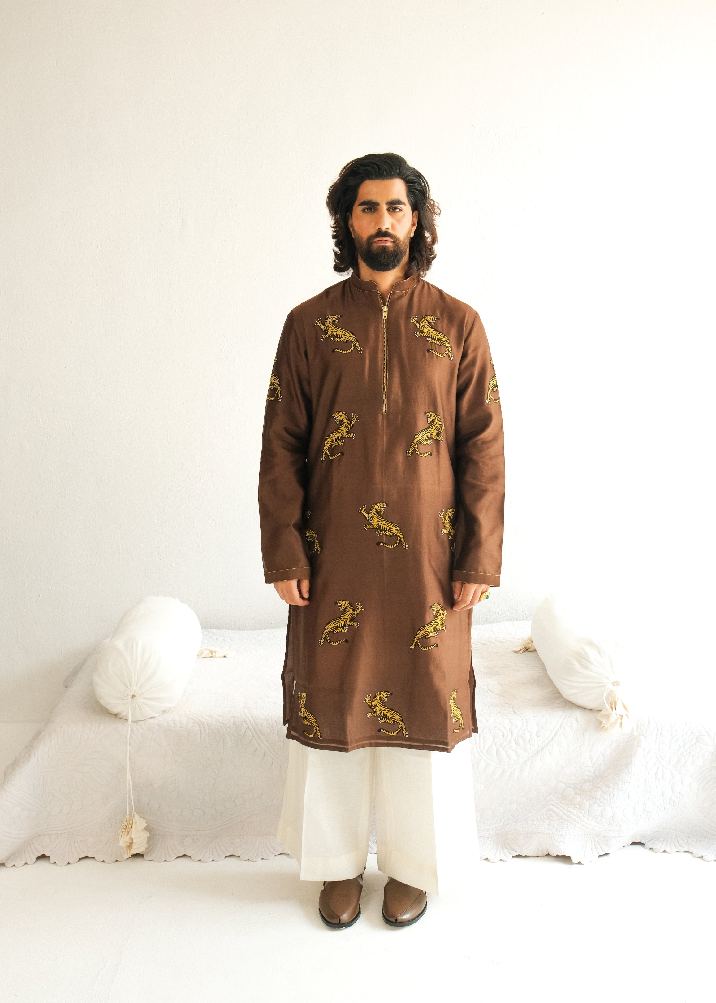 Resham Embroidery Brown Kurta Set