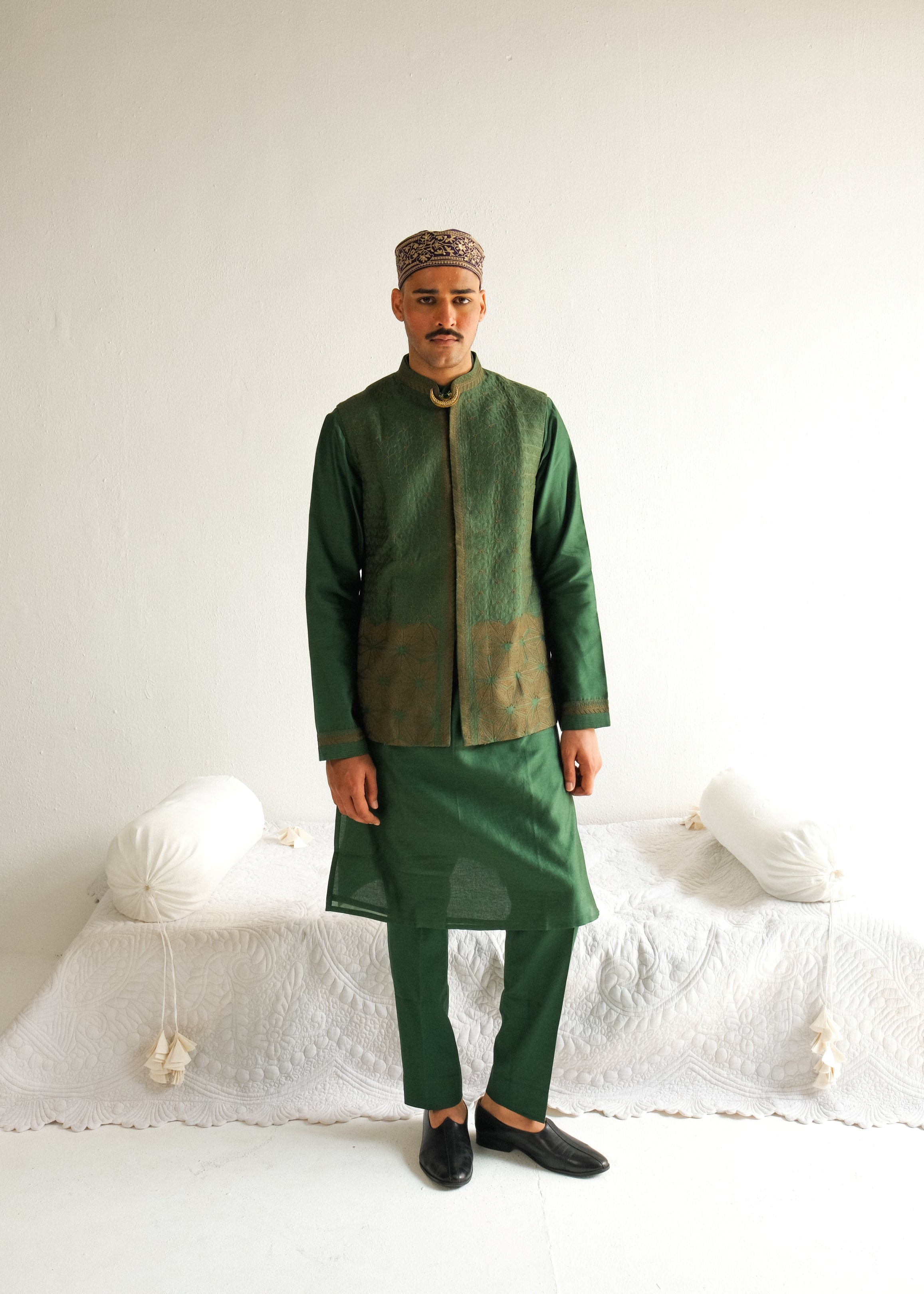 Aari Embroidery Olive Kurta Set