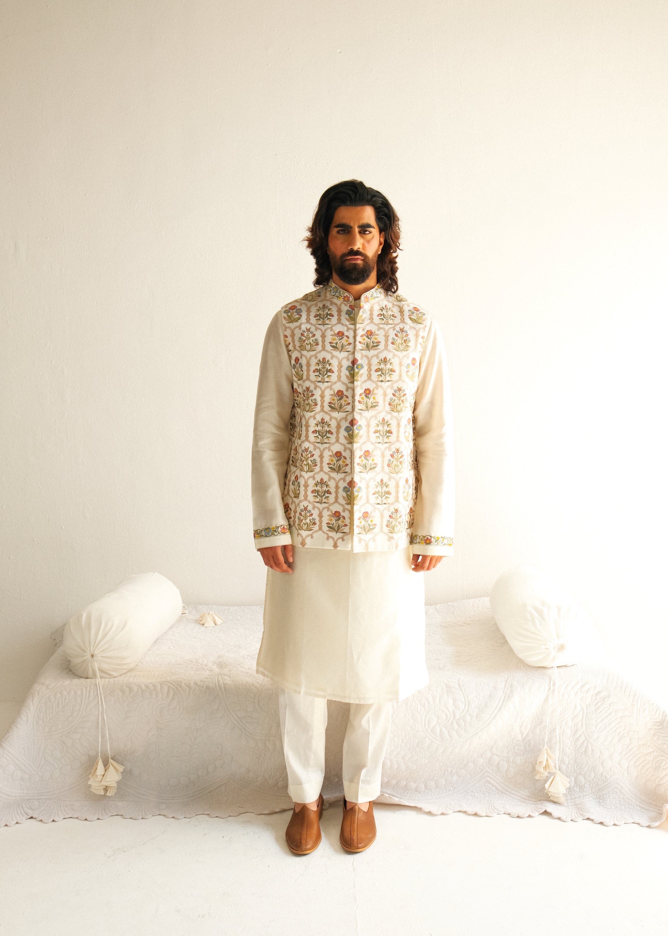 Resham Embroidery Ivory Kurta Set