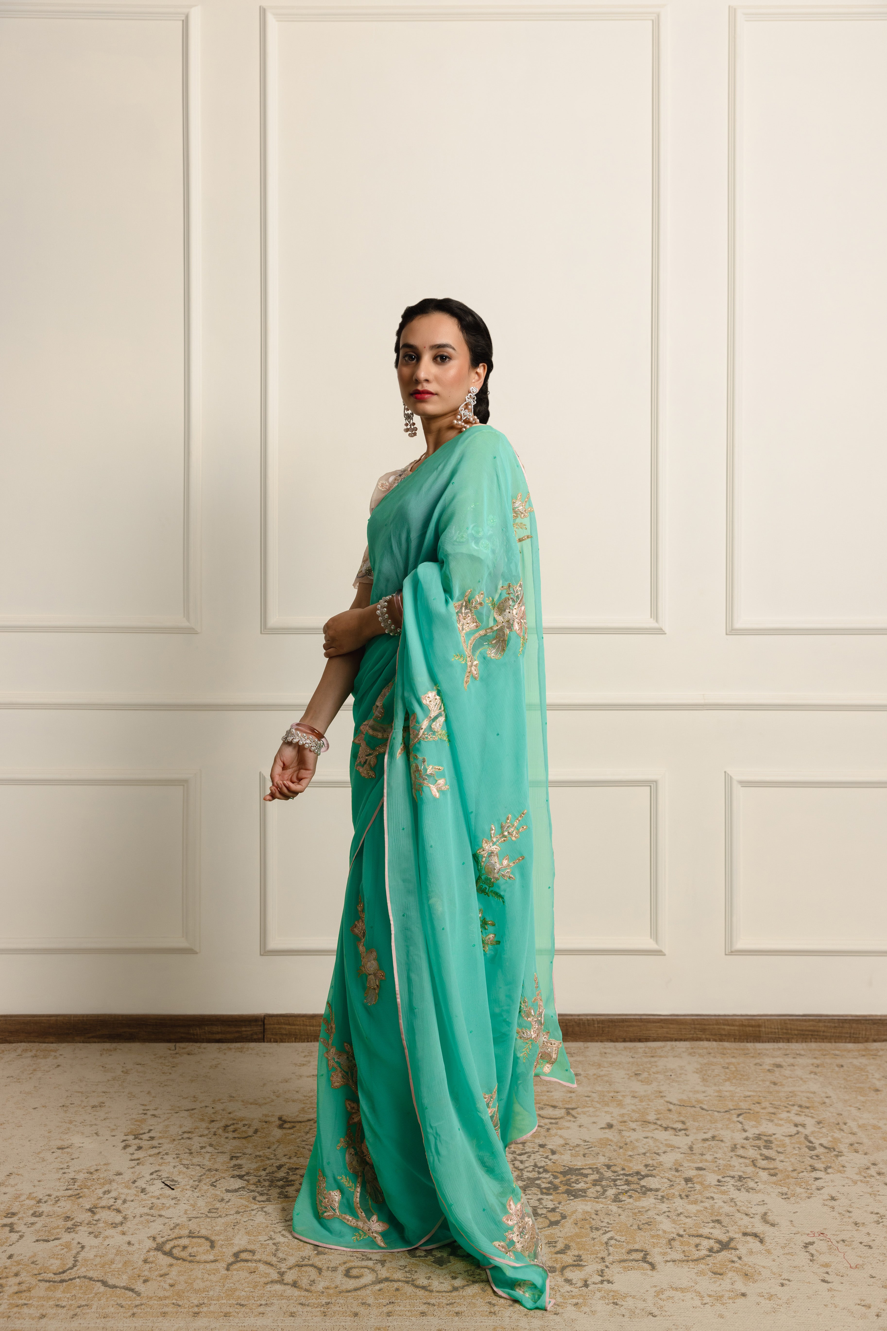 Azuria Teal Chiffon Saree