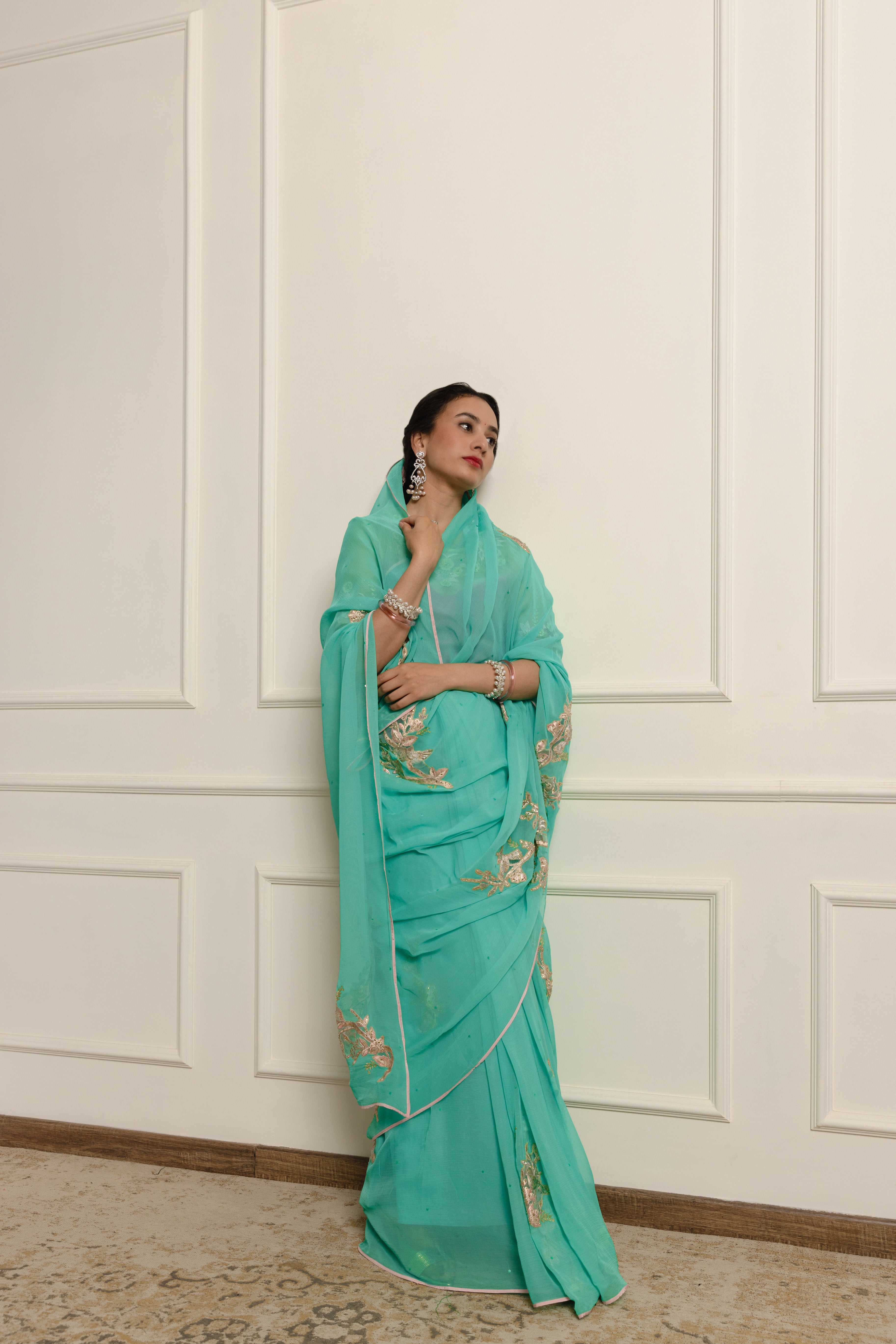 Azuria Teal Chiffon Saree