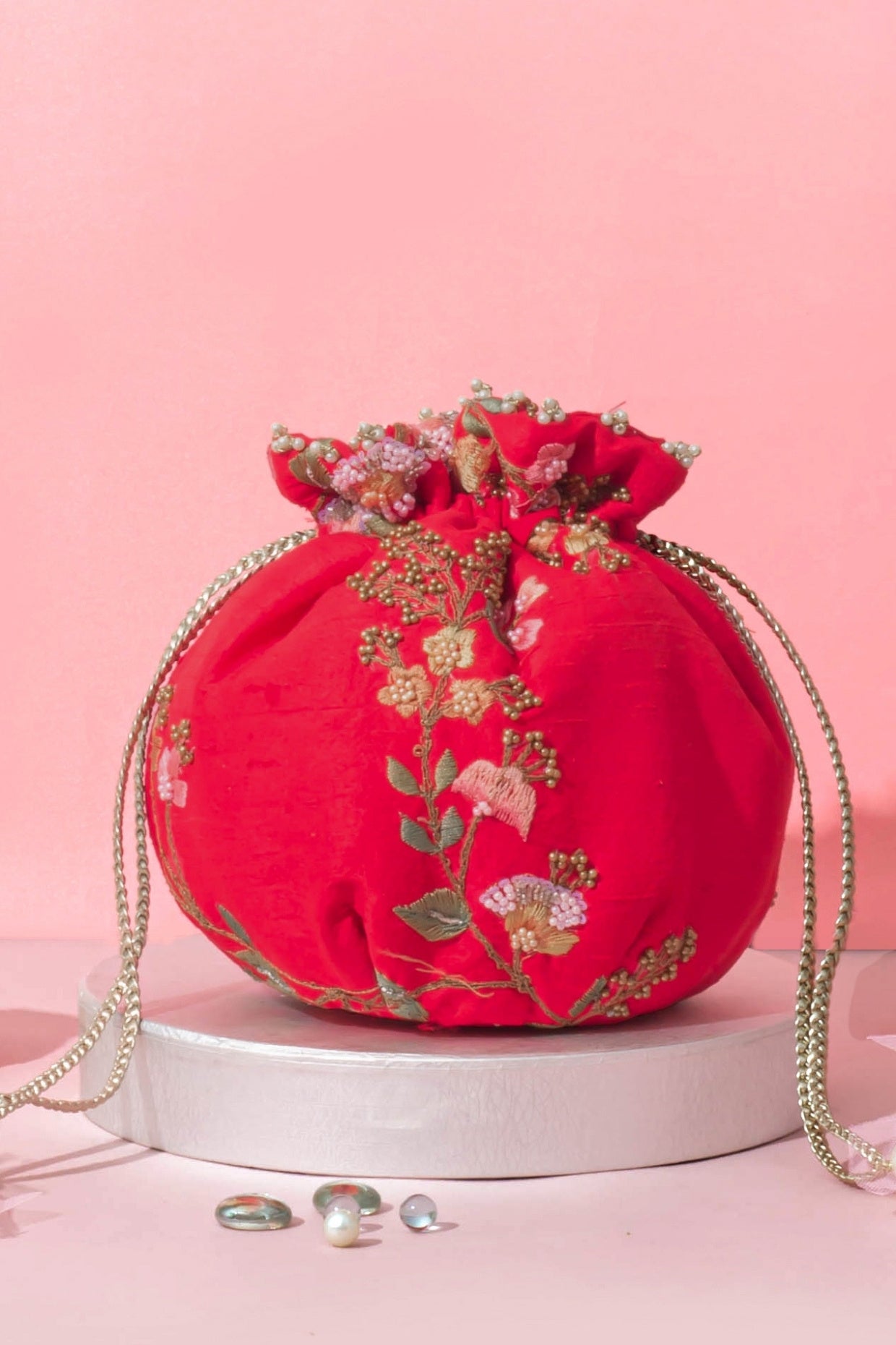 Red Athena Embroidered Round Potli