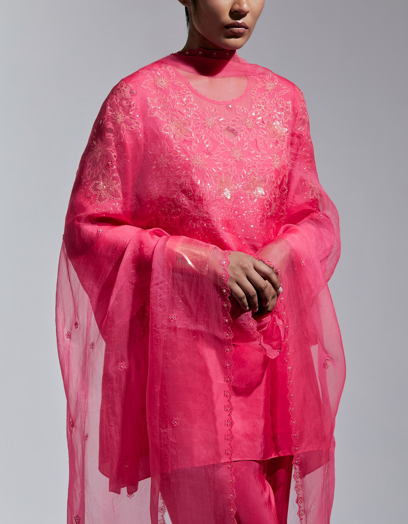 Raspberry Color Dupatta In Silk Organza