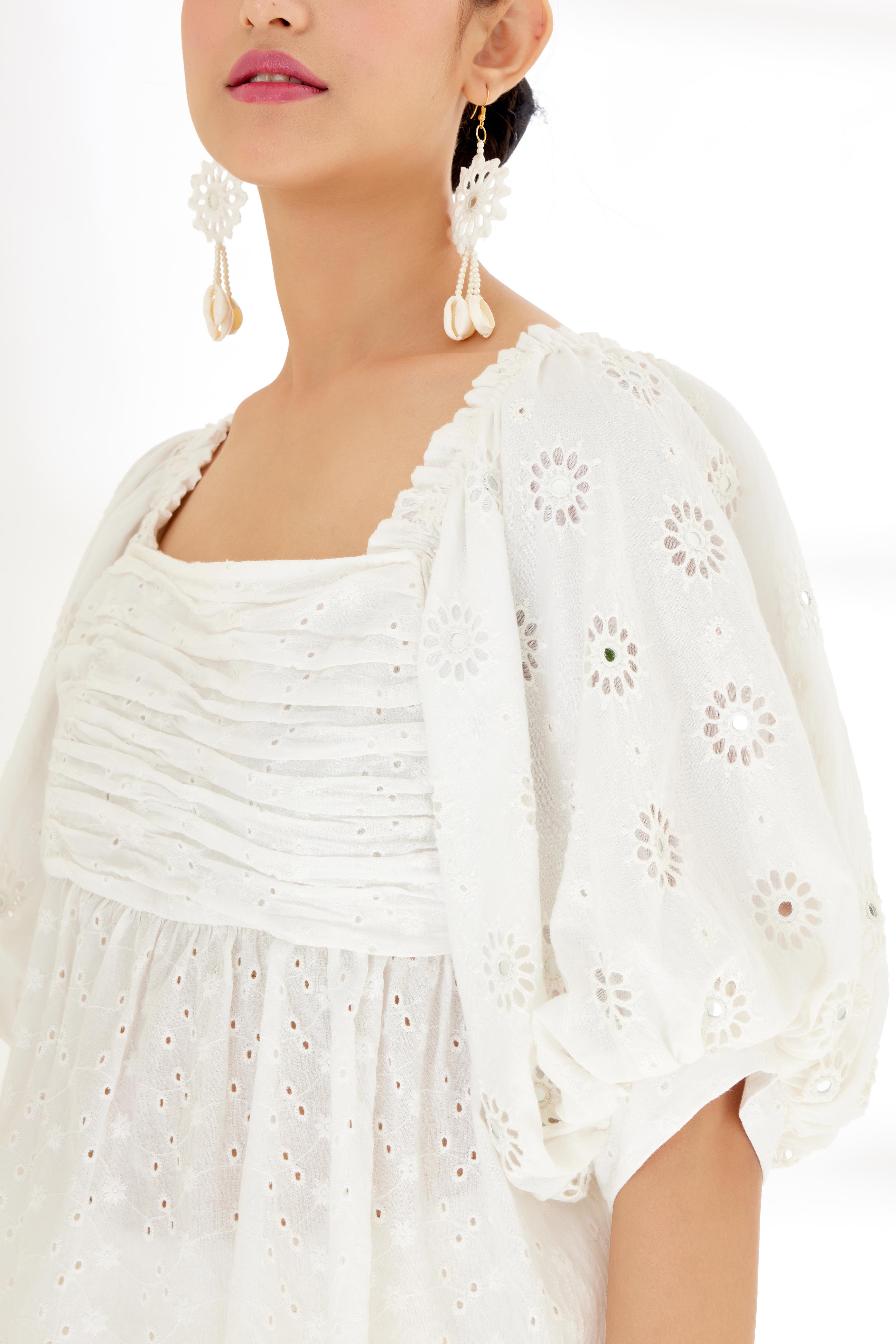Ivory Hand Embroidered Mirror Work Bubble Sleeve Top
