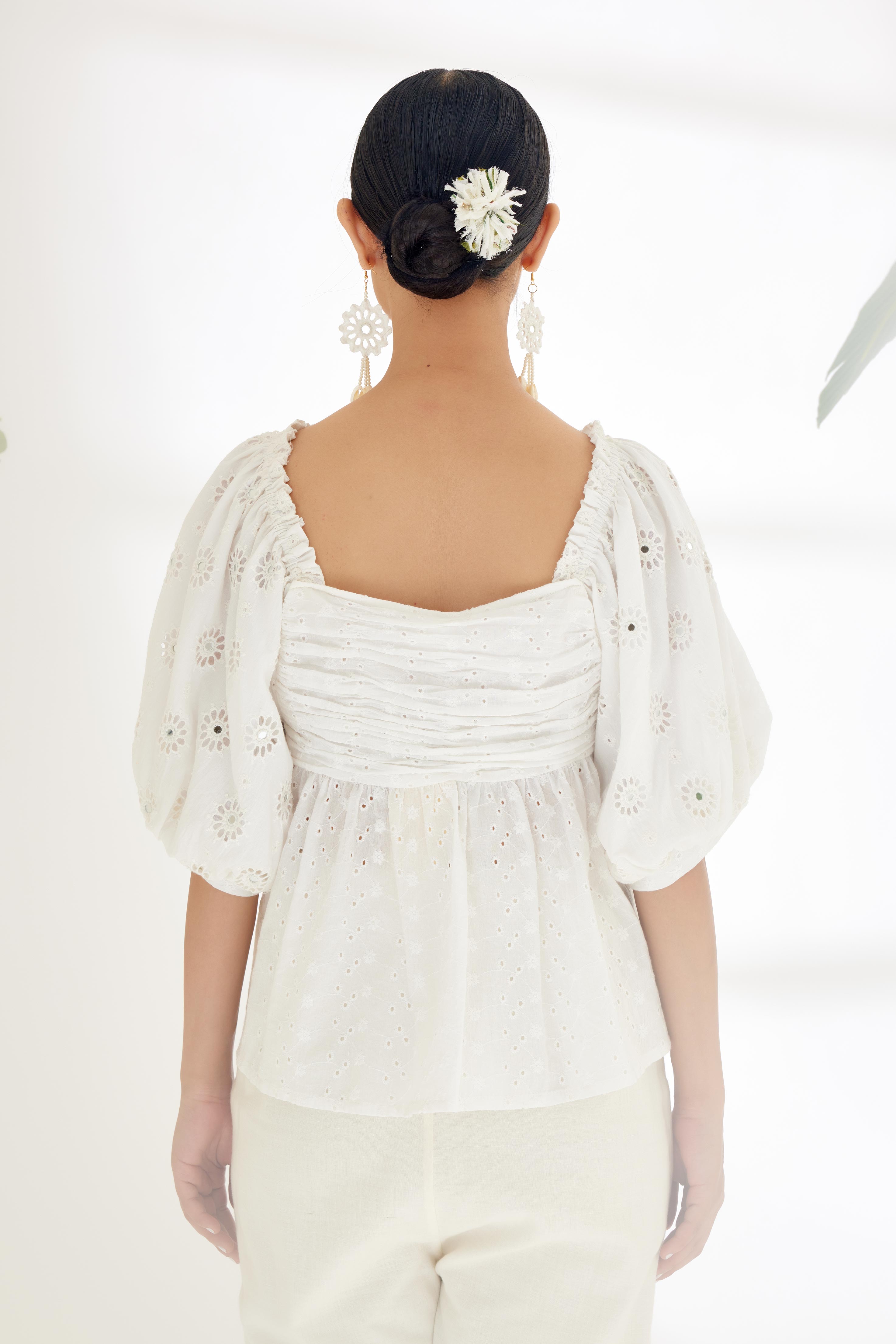 Ivory Hand Embroidered Mirror Work Bubble Sleeve Top