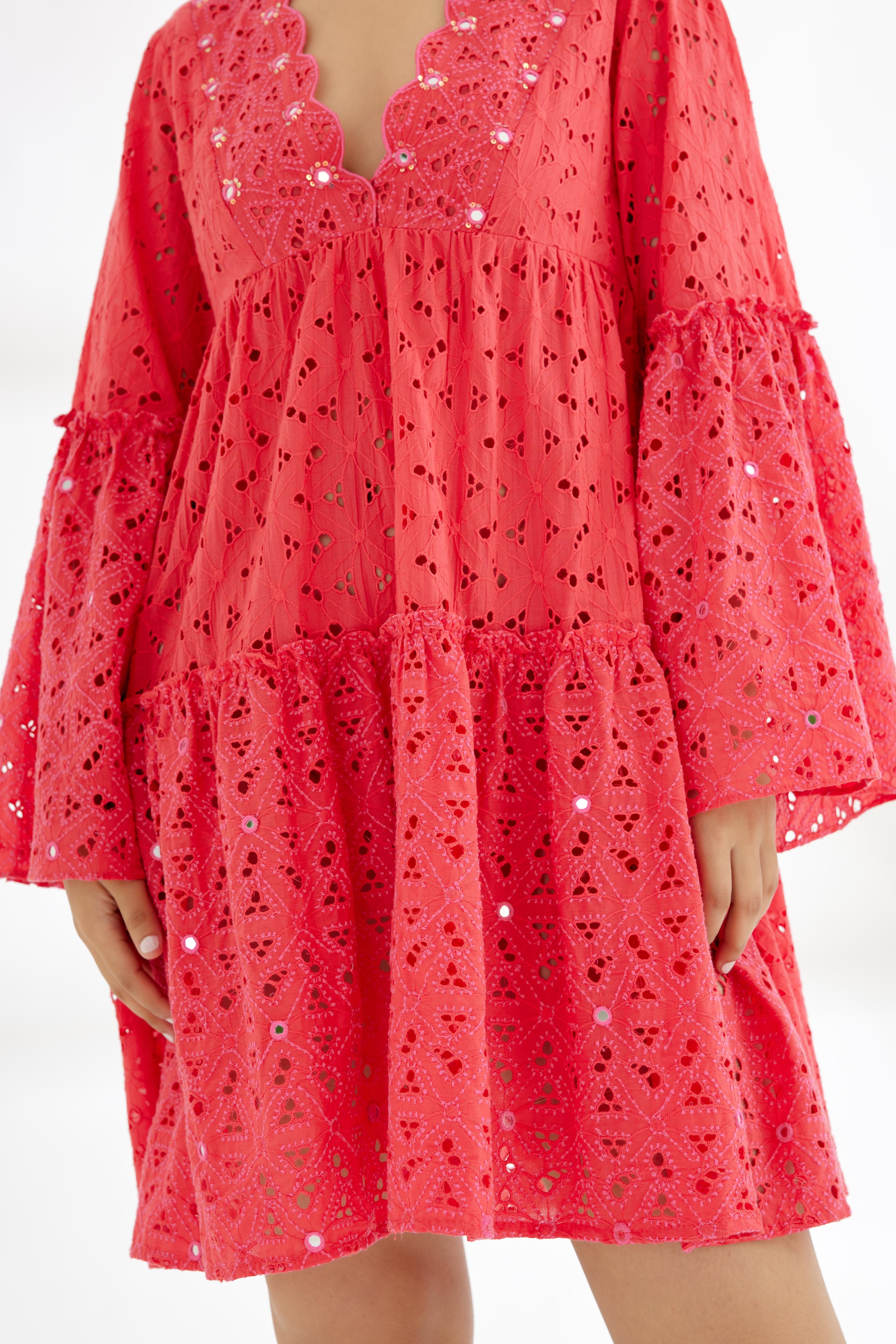 Fuchsia Pink Hand Embroidered Mirror Work Short Dress