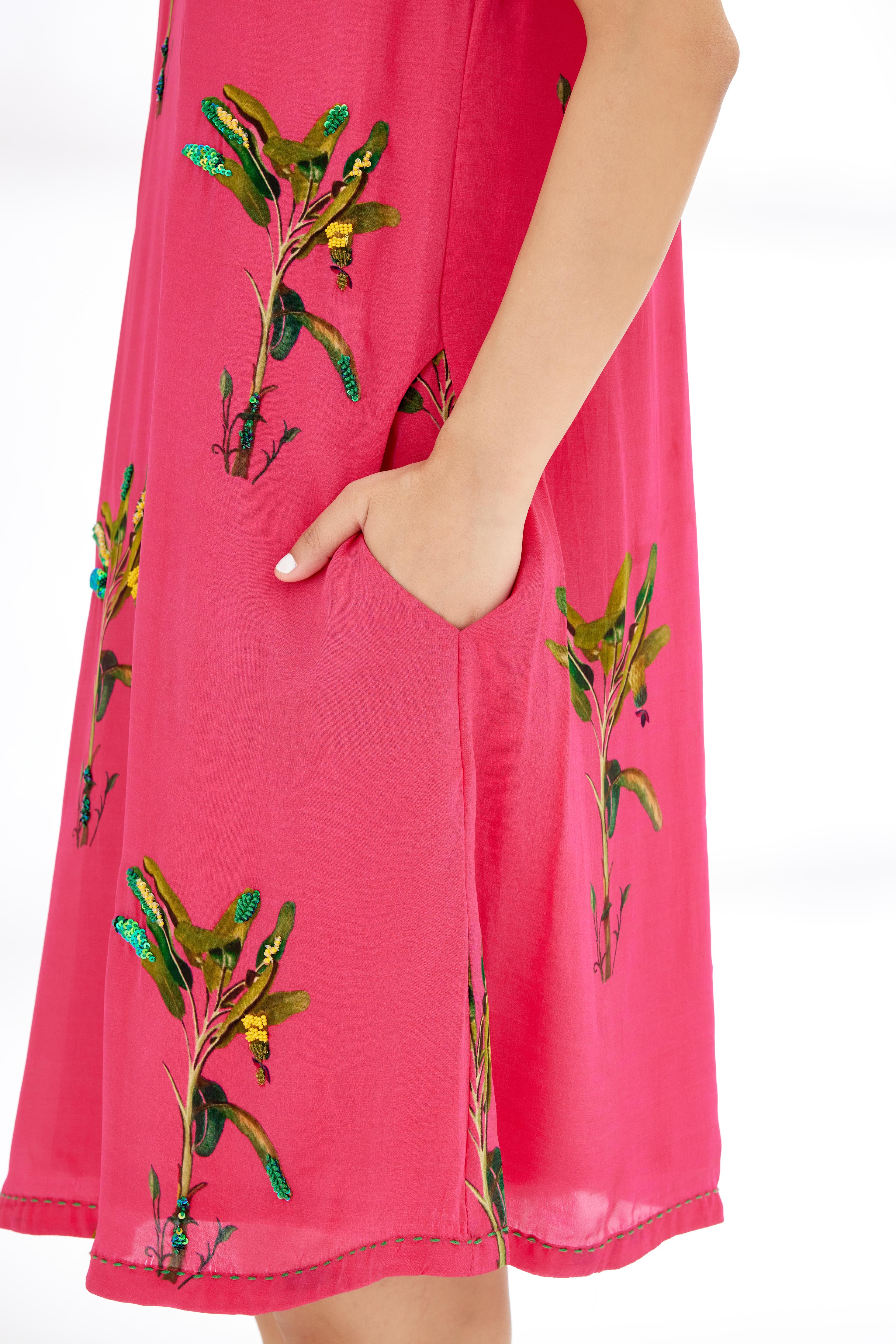 Fuchsia Pink Hand painted Banana Tree Print Shift Dress