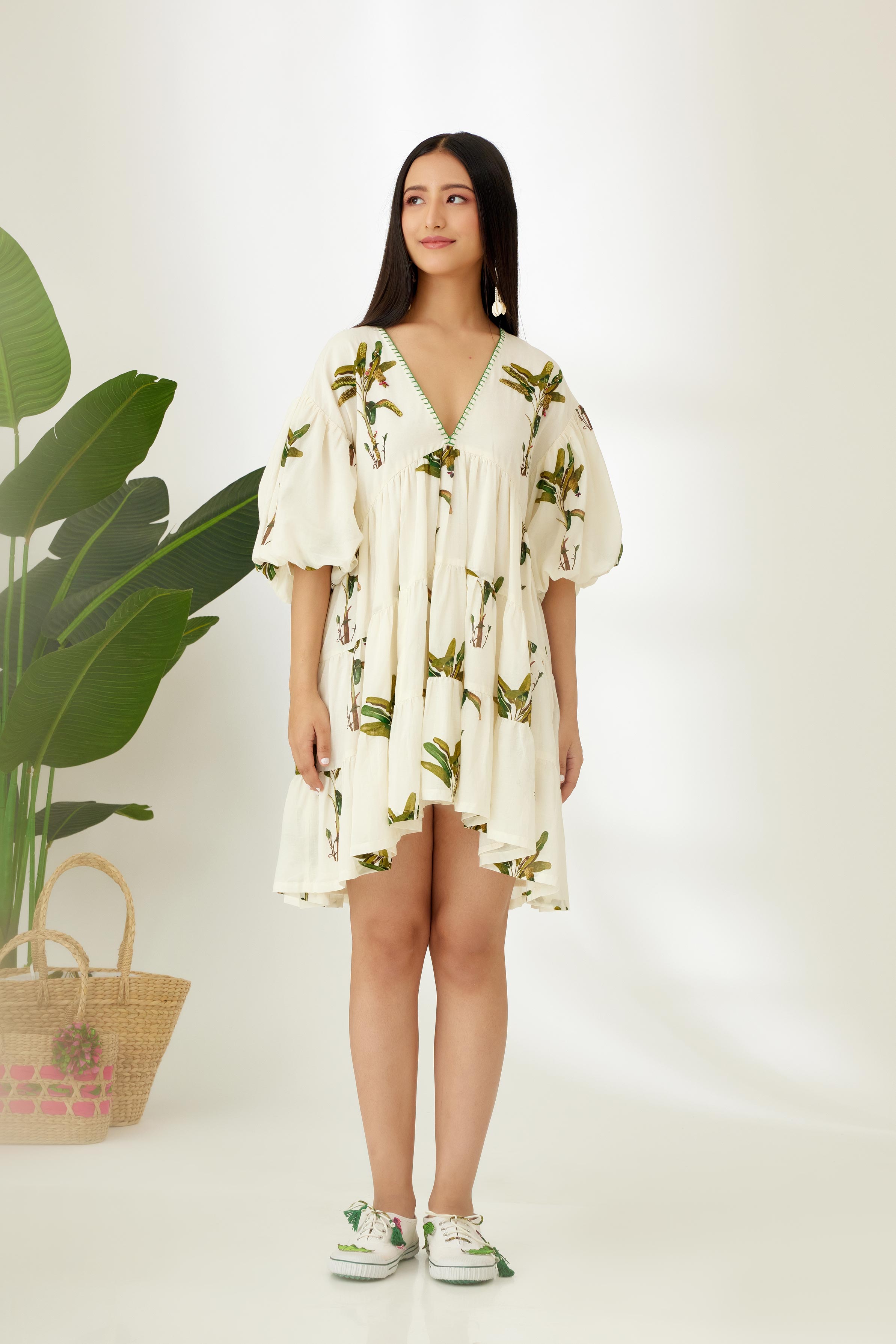 Off-White Hand painted Banana Tree Print Tier Short Dress