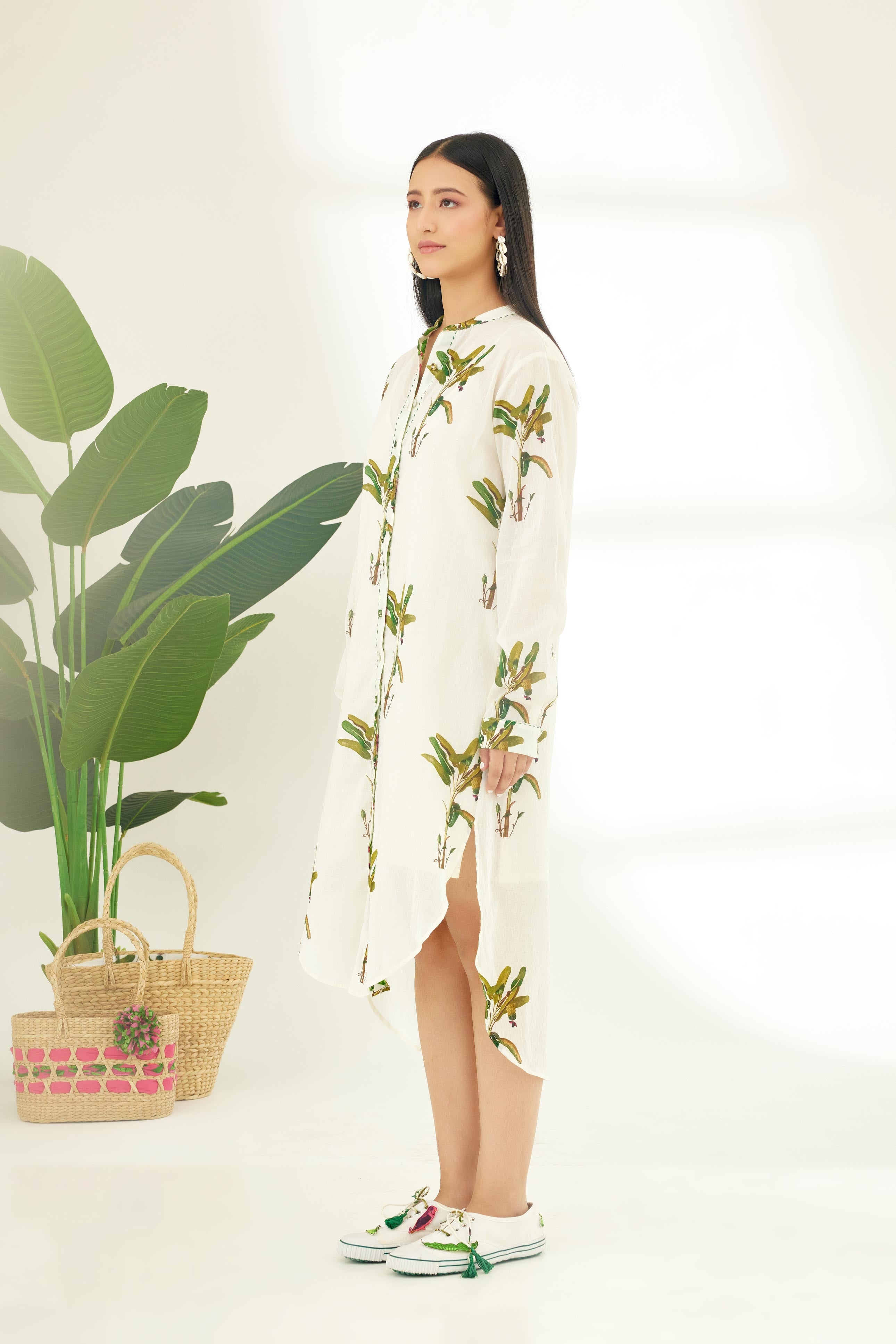 Off-White Hand Painted Banana Tree Print Shirt Dress