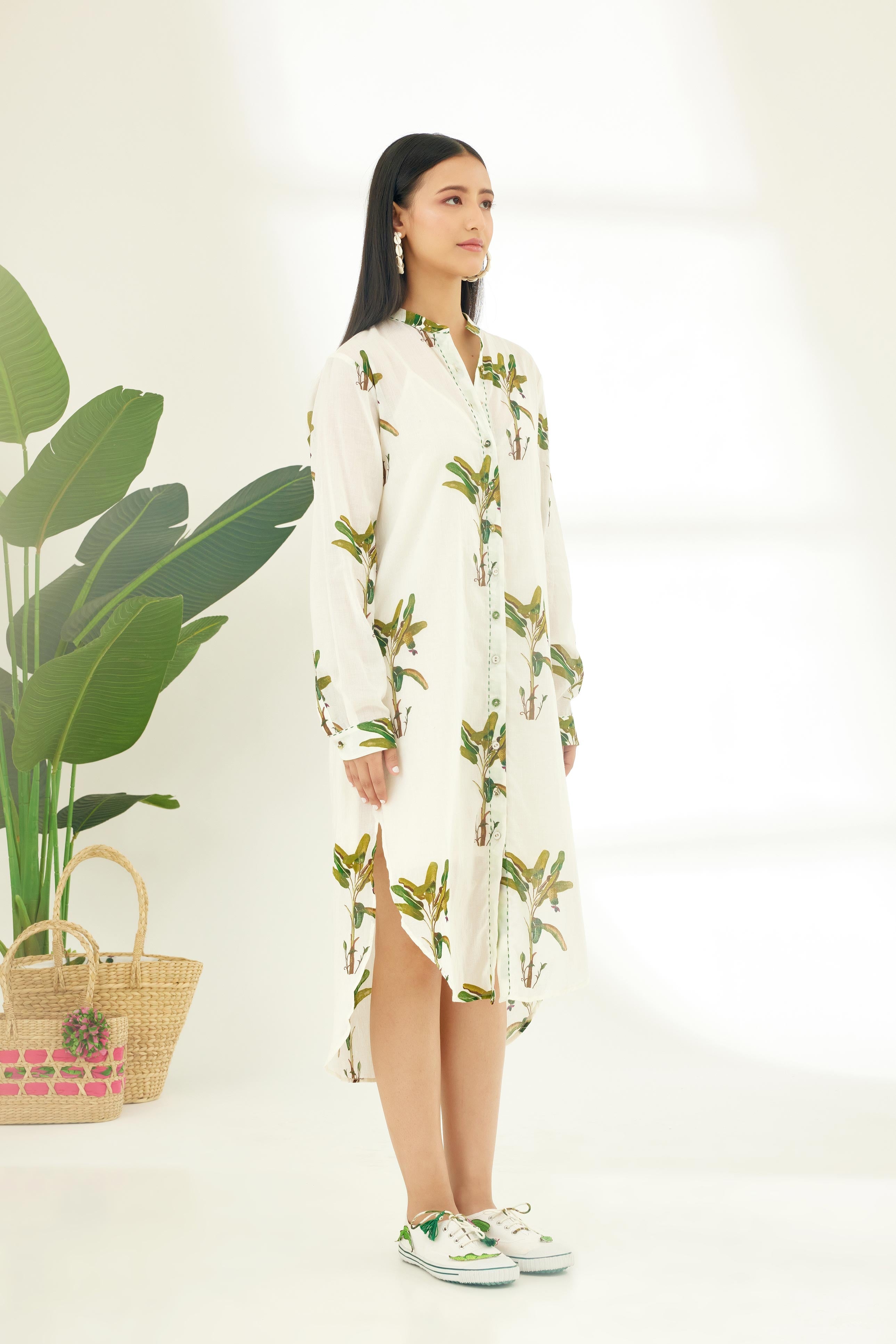 Off-White Hand Painted Banana Tree Print Shirt Dress