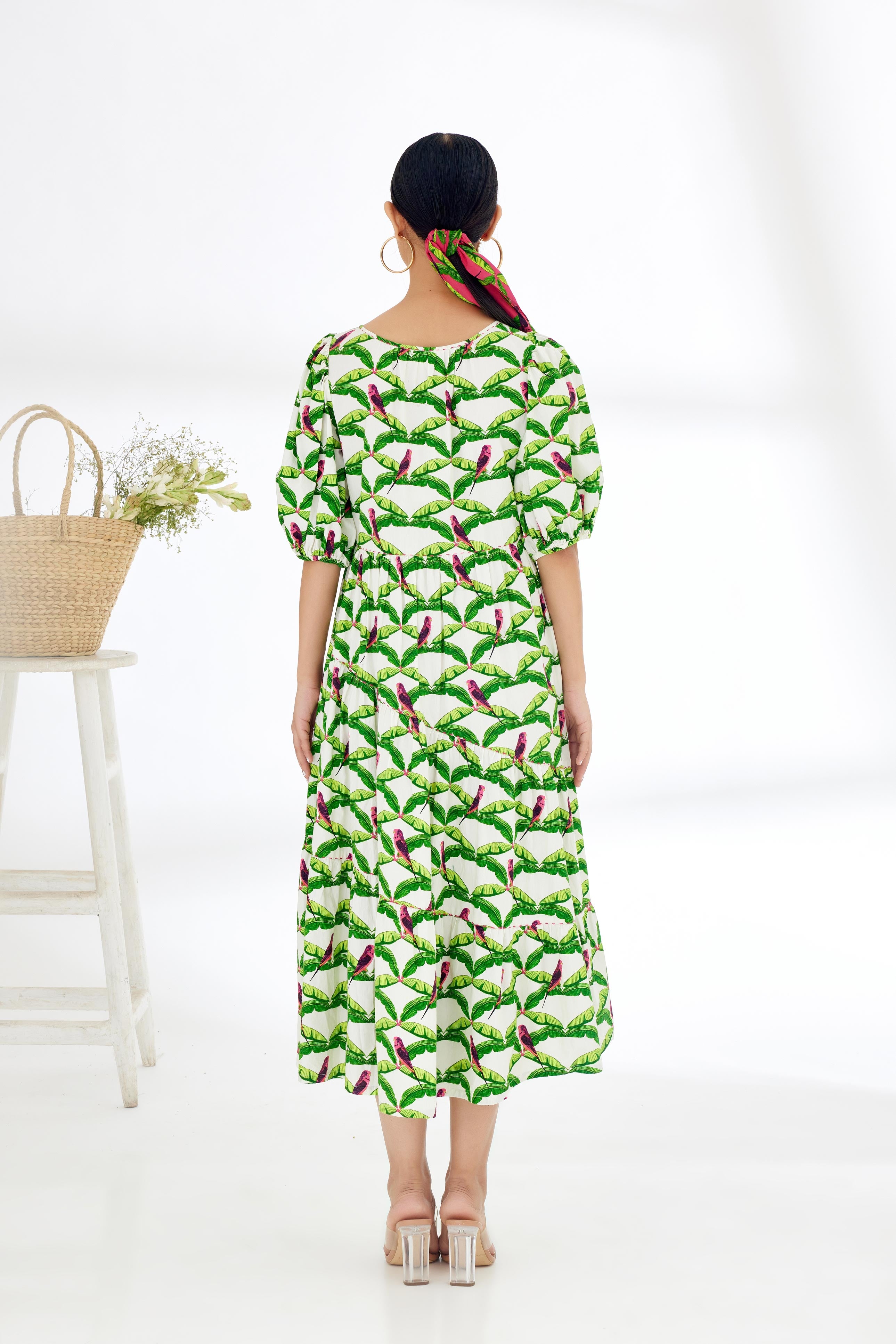 Off-White Hand Painted Parakeet Print bubble sleeve Tier Dress