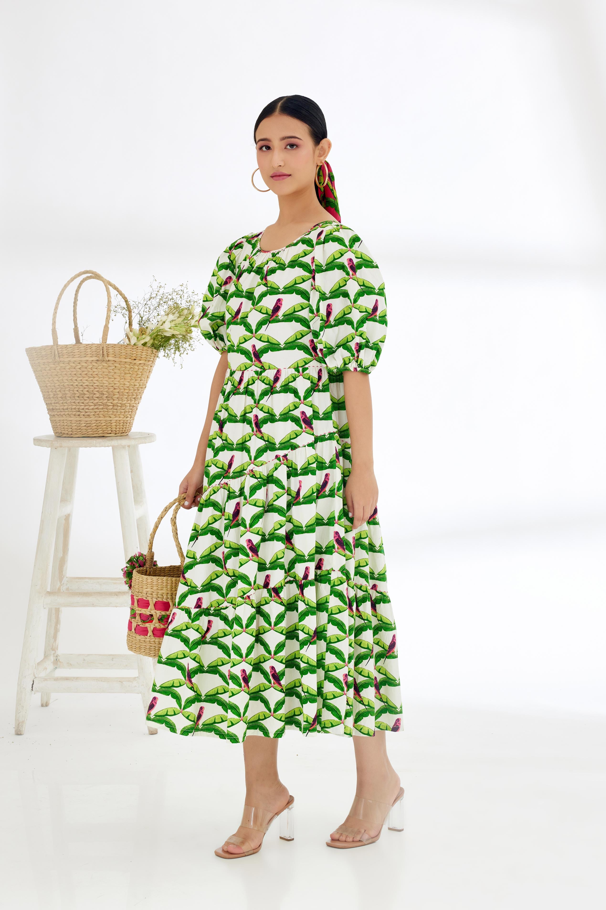 Off-White Hand Painted Parakeet Print bubble sleeve Tier Dress
