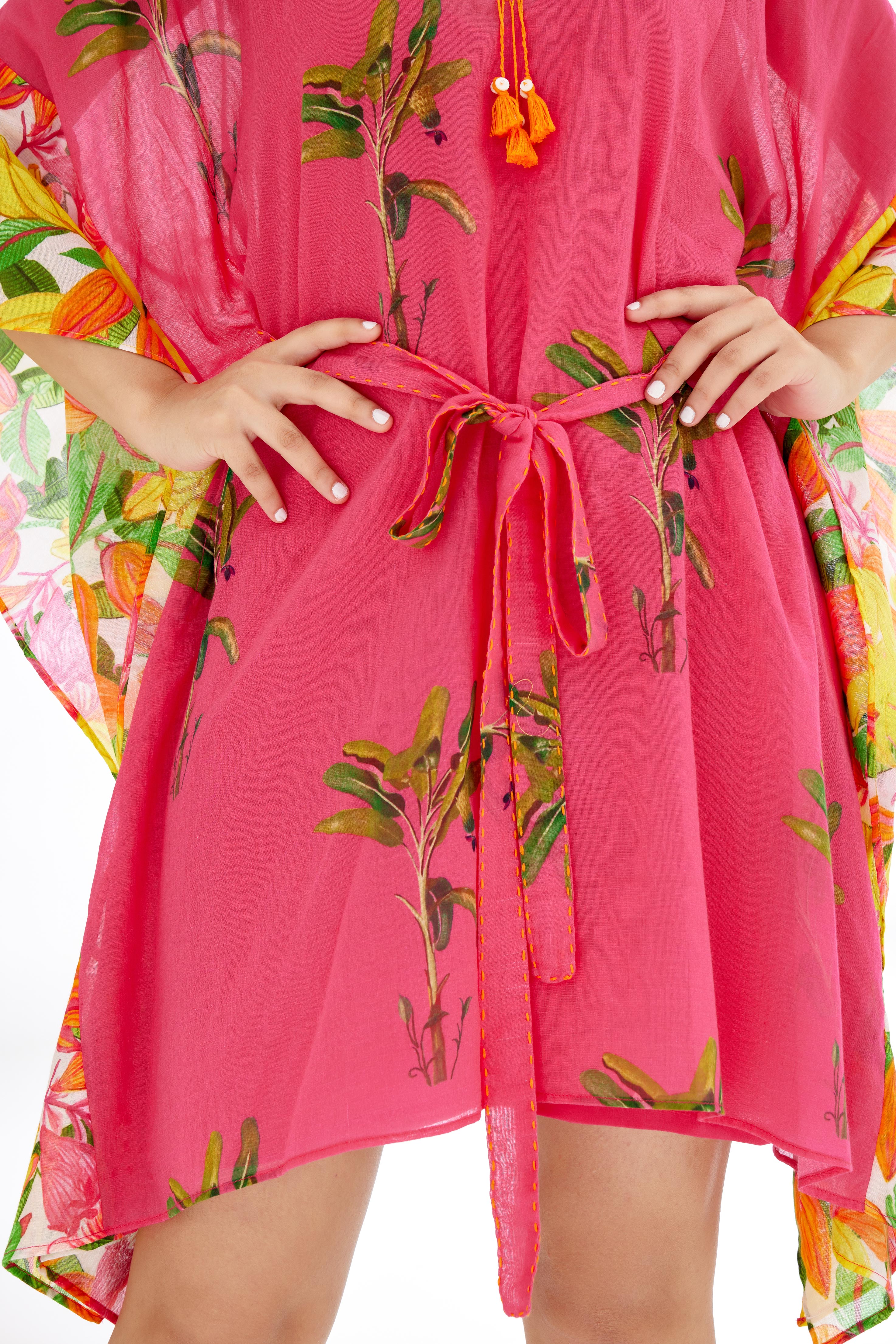 Fuchsia Pink hand painted Tree Banana Fruit Print border Kaftan Dress