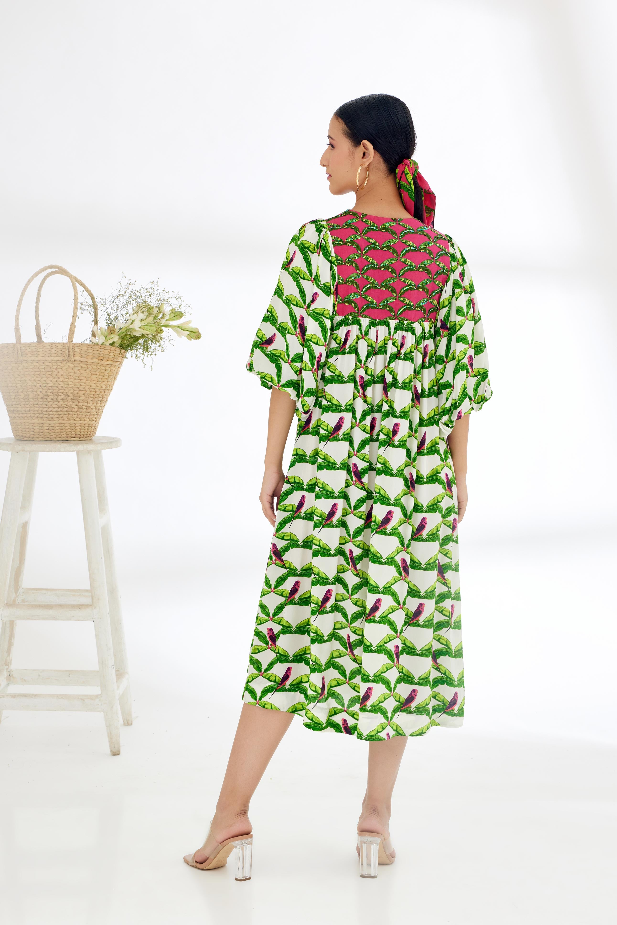 Off-White Hand Painted Parakeet Print Dress