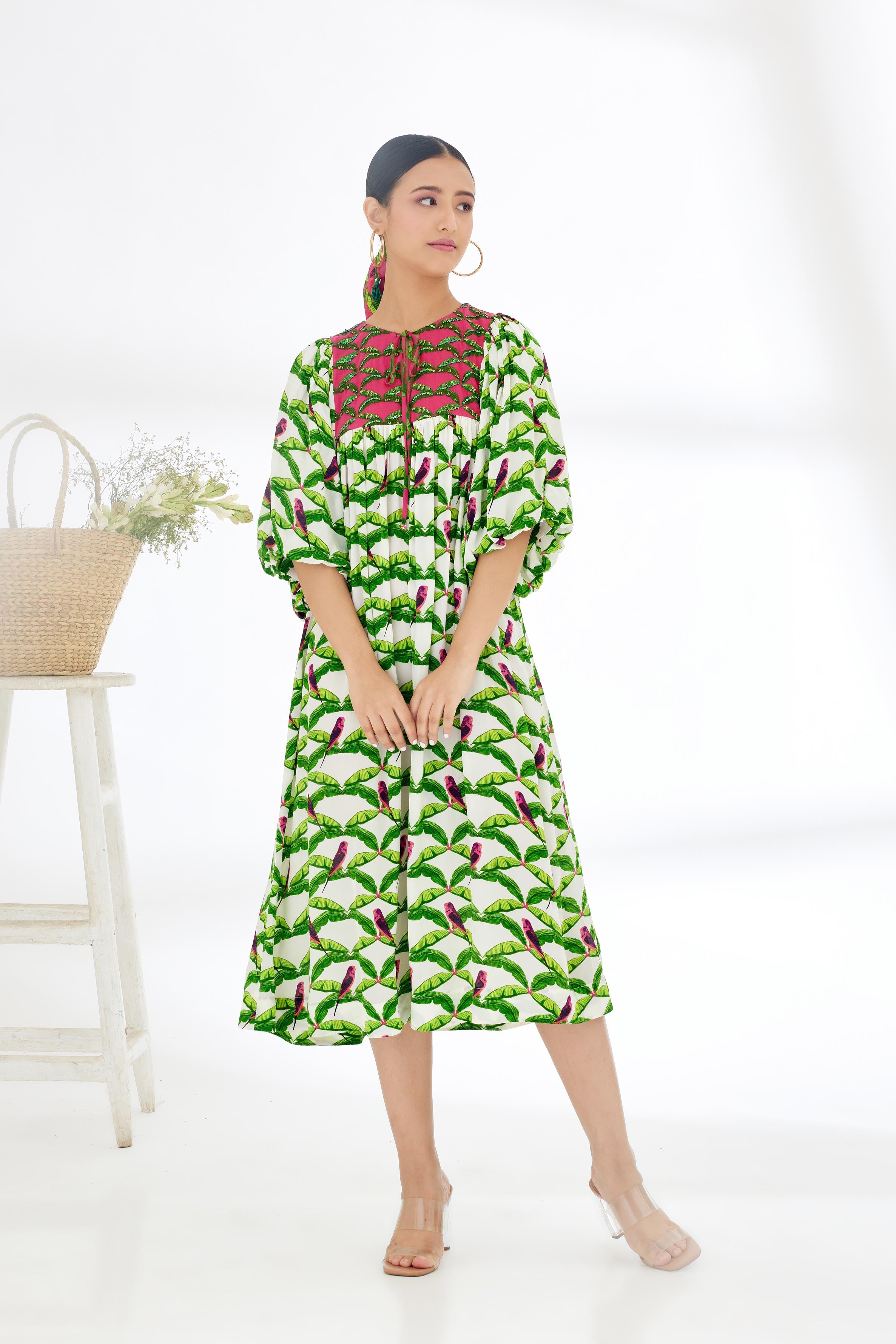 Off-White Hand Painted Parakeet Print Dress