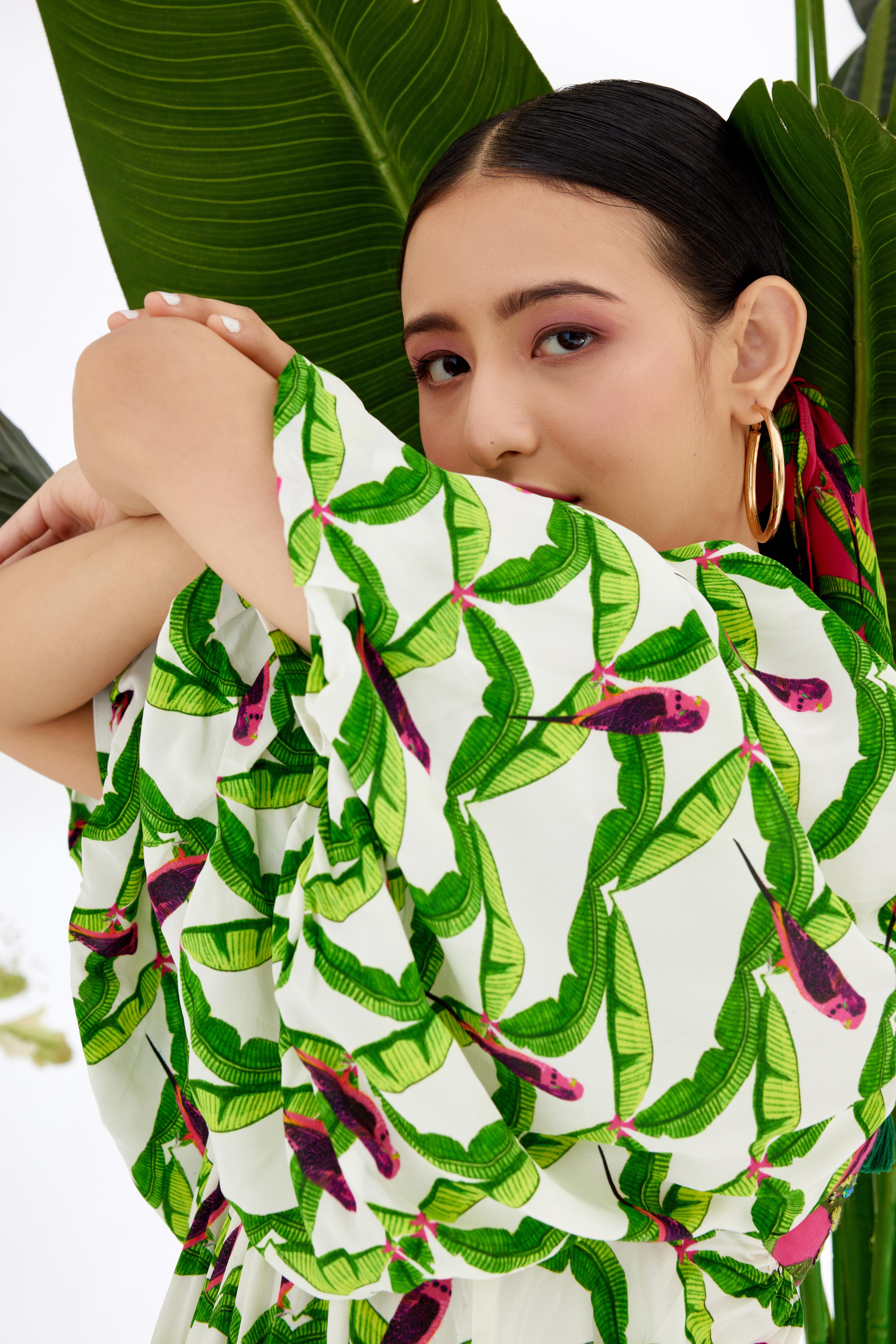 Off-White Hand Painted Parakeet Print Dress