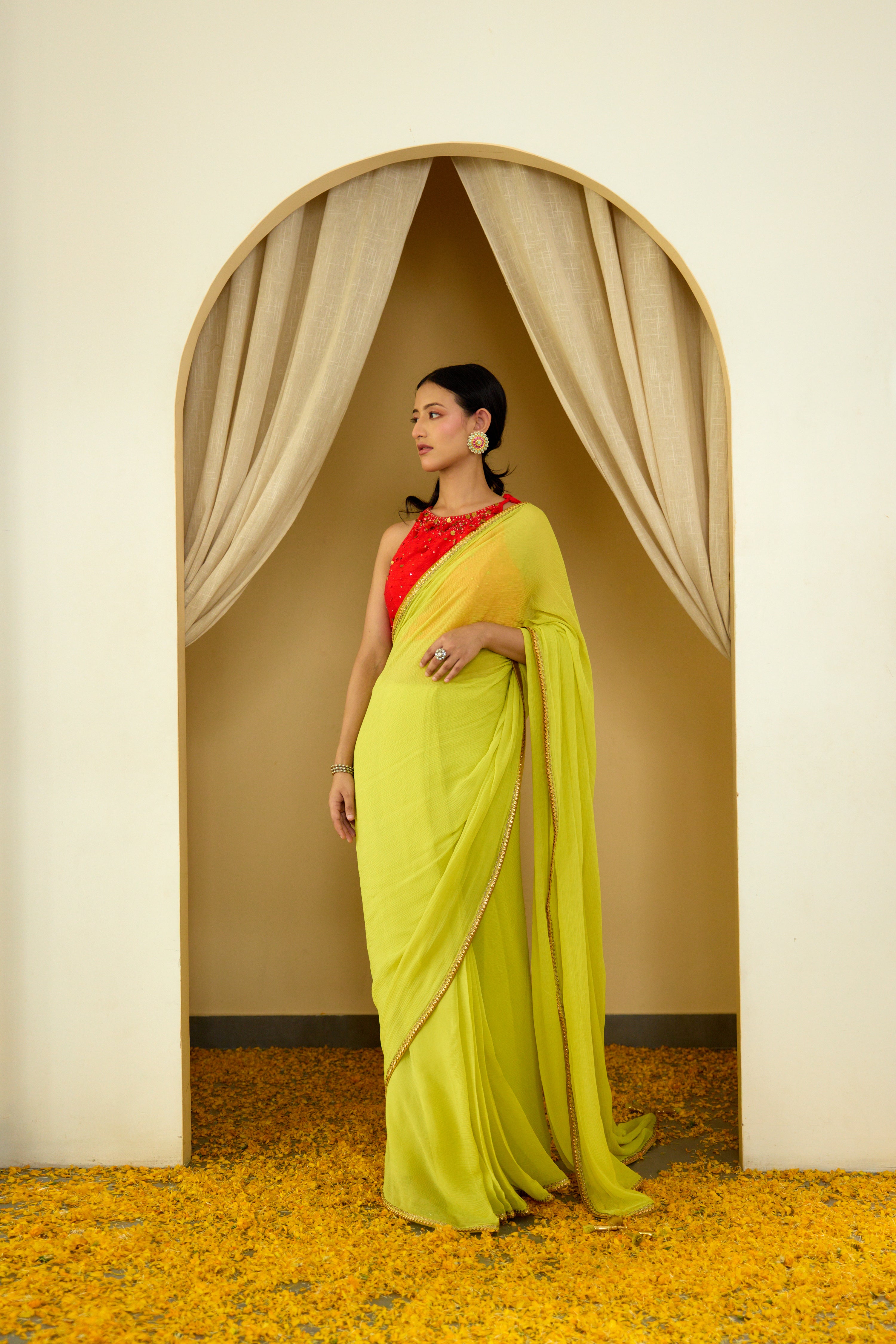 Fashion Blouses Mustard Yellow Chiffon Plain Saree|SARV120467