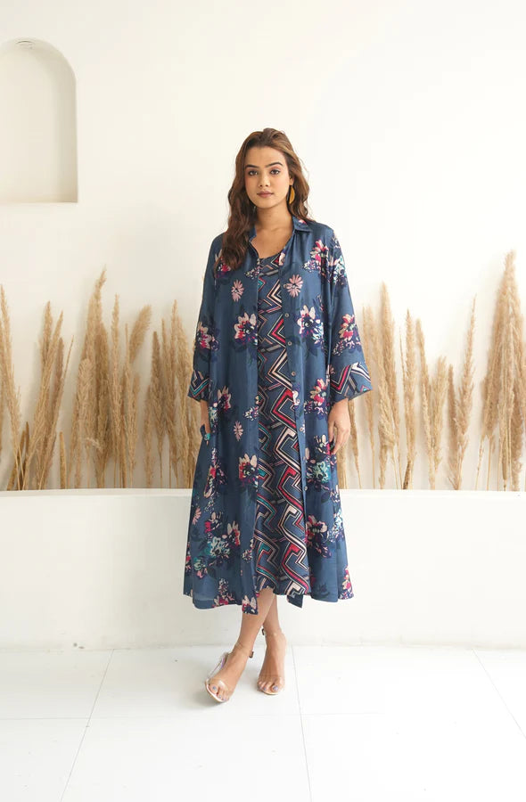 Navy Blue Floral Jacket With Print Dress