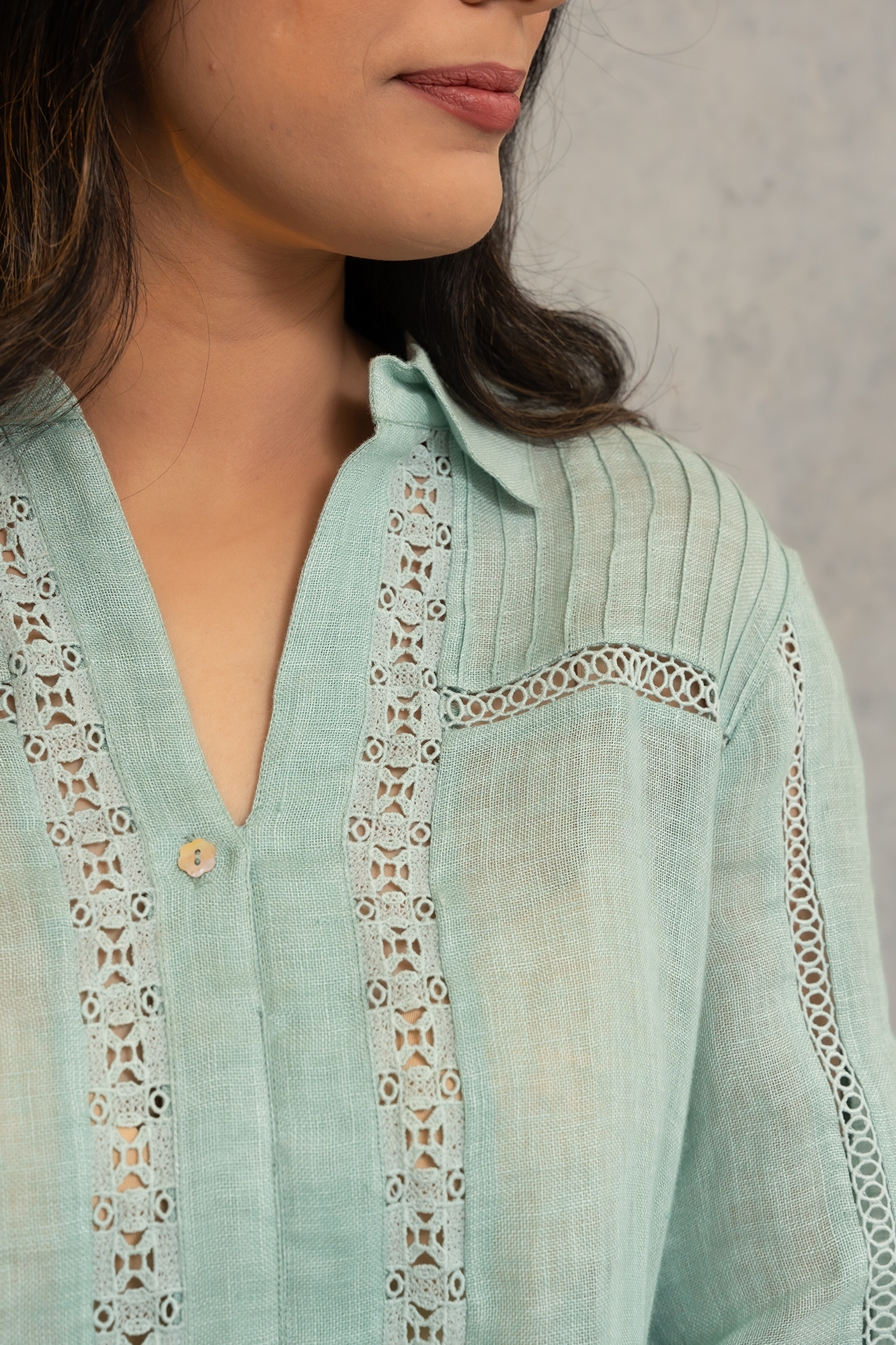 Sea Green Pure Linen Shirt With Lace Detailing