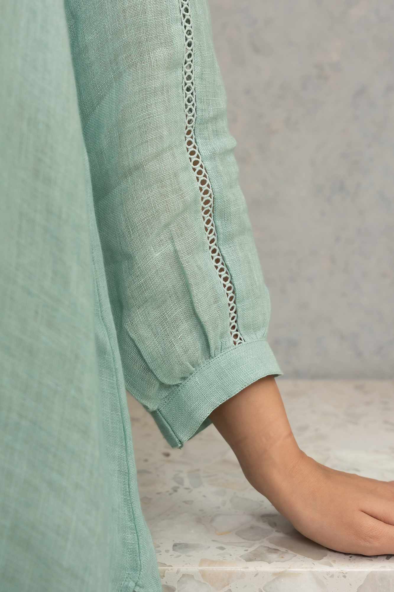 Sea Green Pure Linen Shirt With Lace Detailing