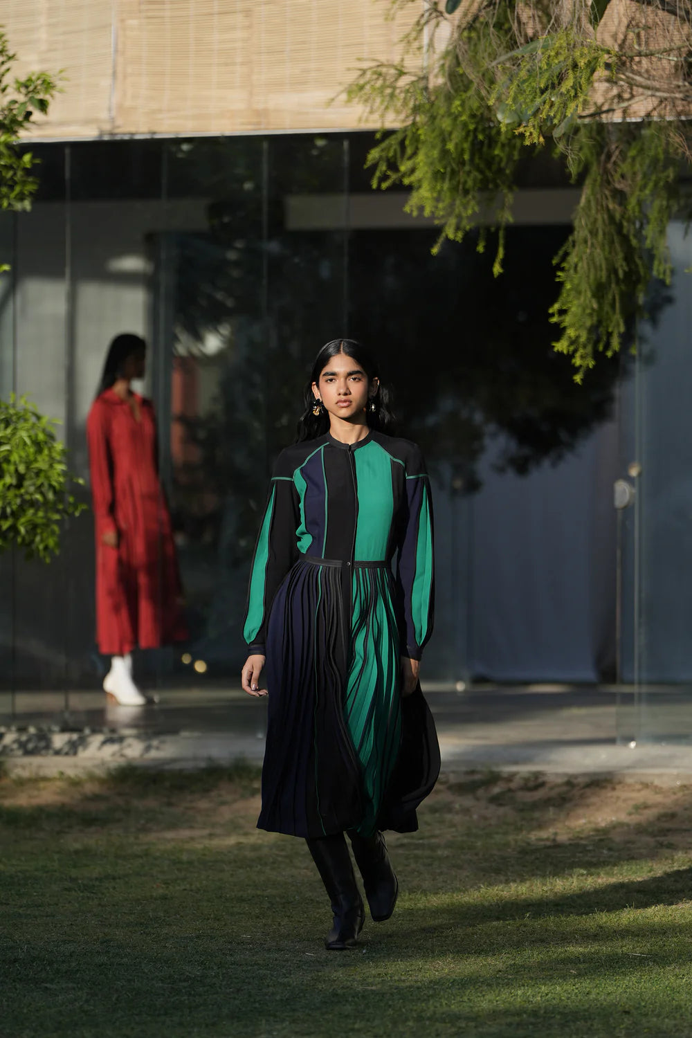 Pleated Colourblocked Dress With Band Collars