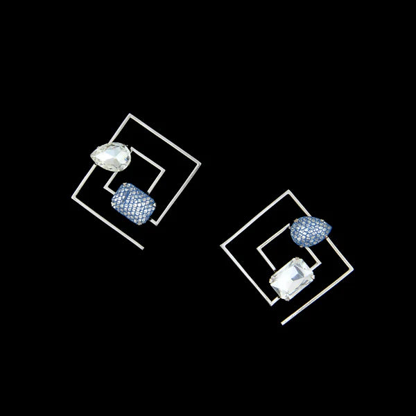 Silver Spiral Square Earrings With Stones