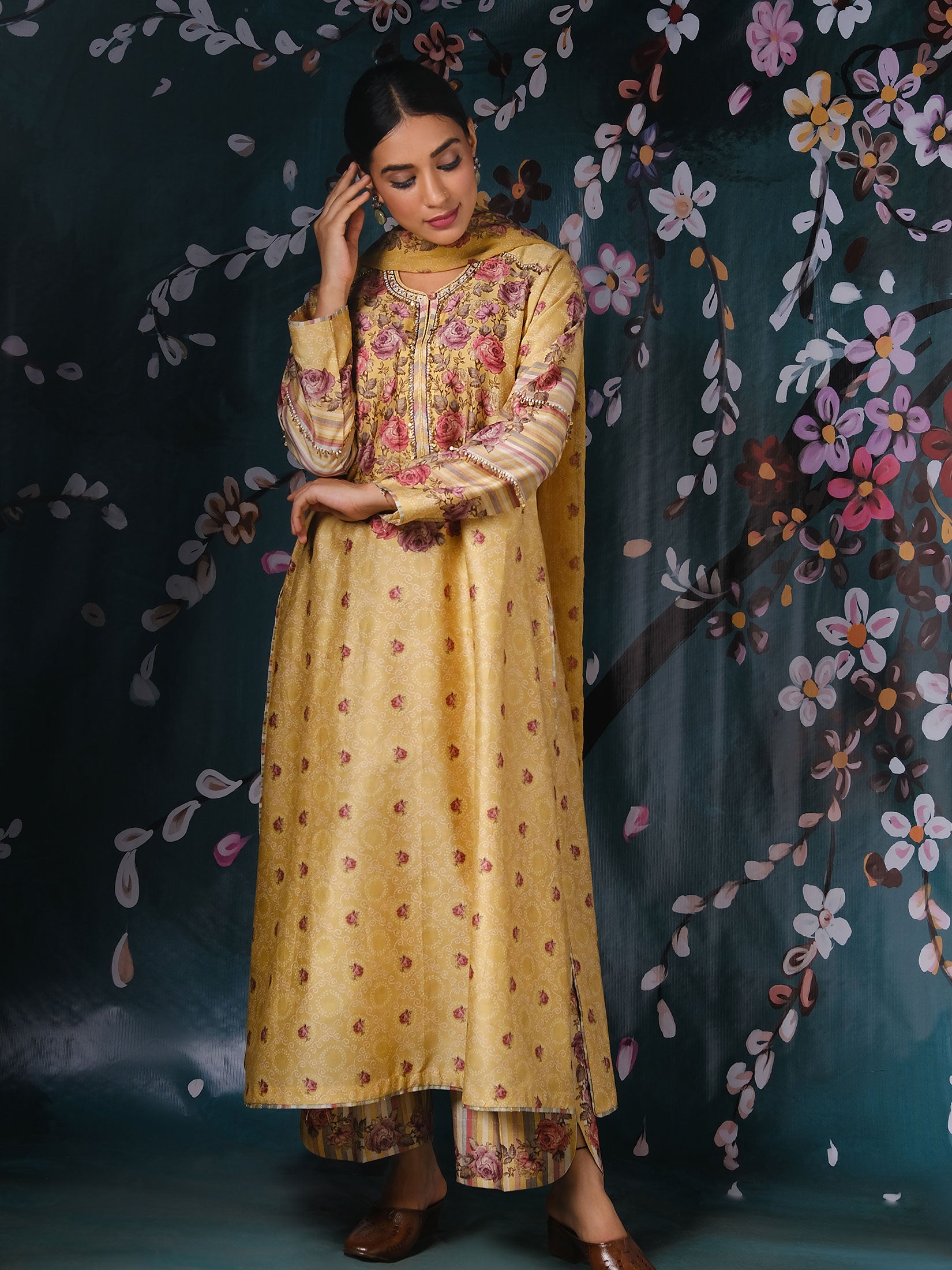 Classic Neck Rose and Stripe with Dupatta - Yellow