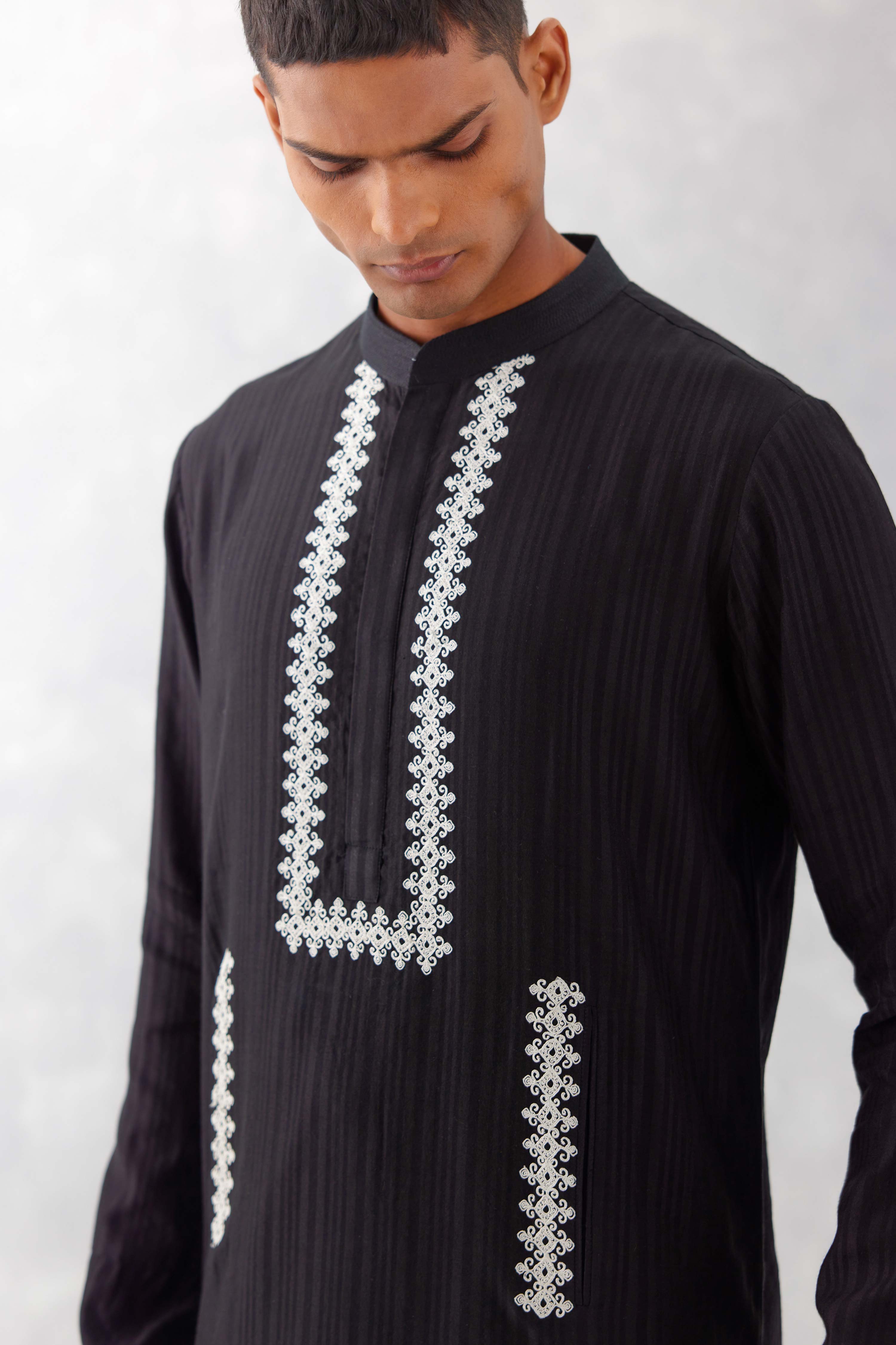 Black Embroidered Woven Chanderi Kurta Set