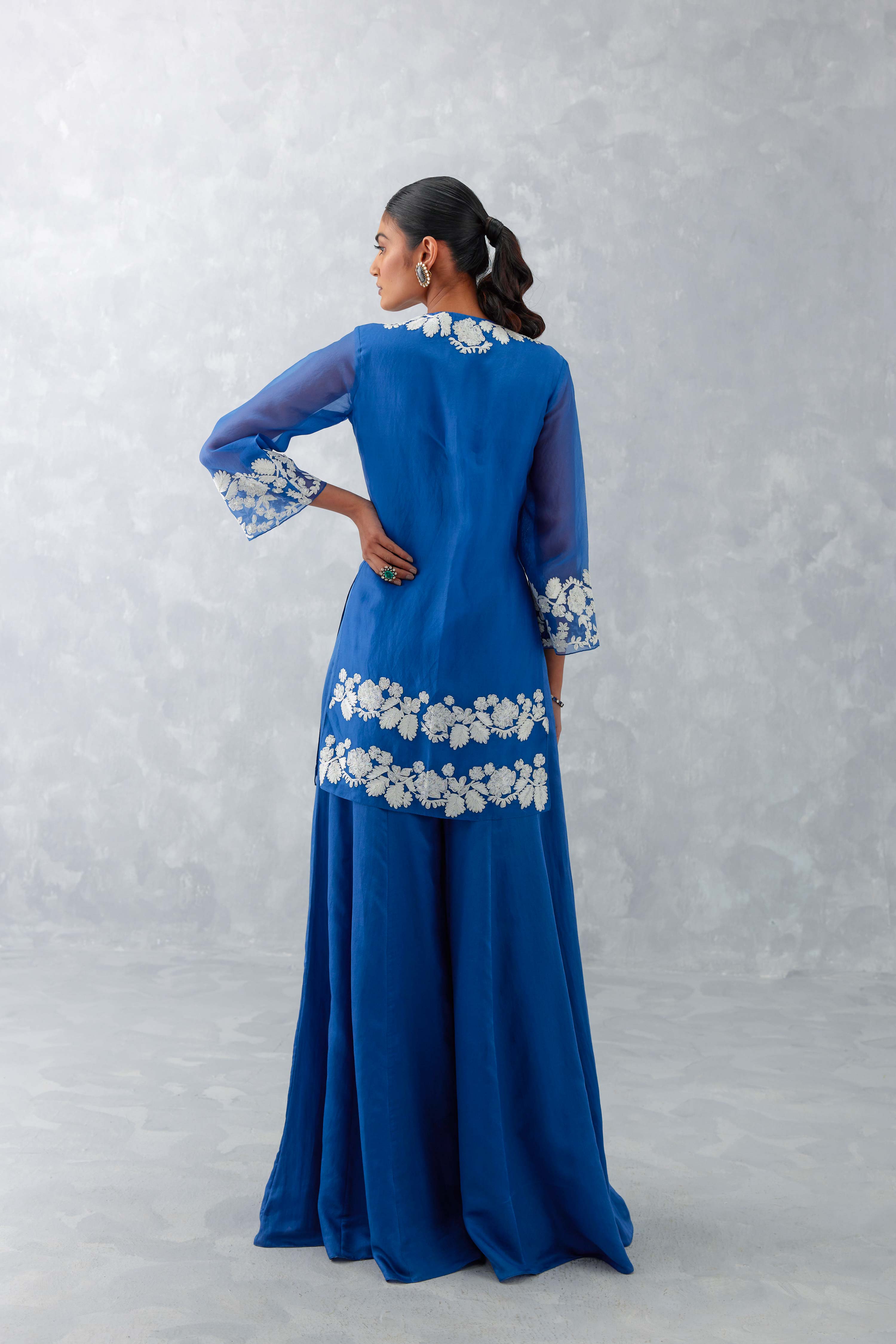 Blue Embroidered Front Slit Sharara Set