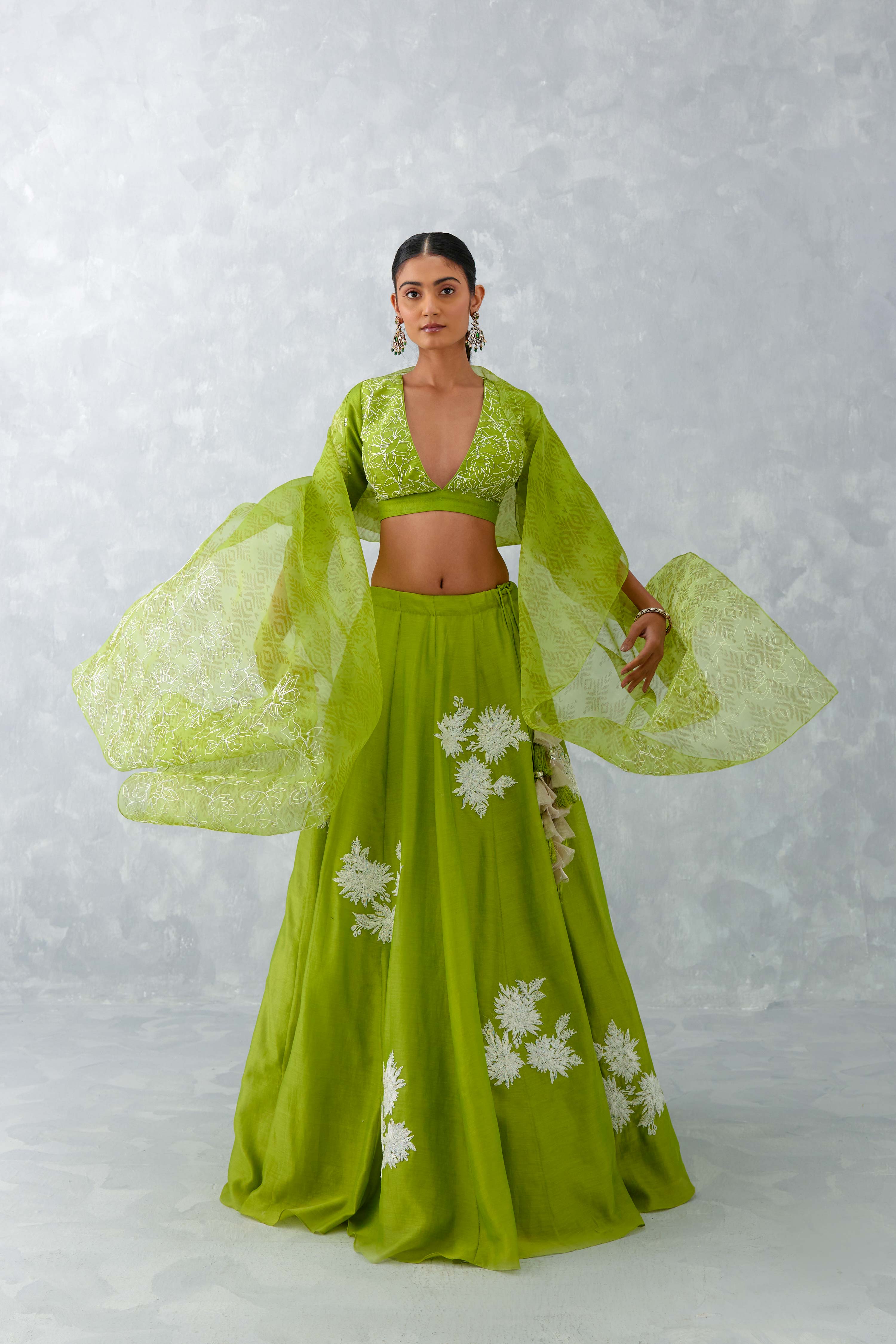 Green Floral Embroidered Silk Lehenga Set