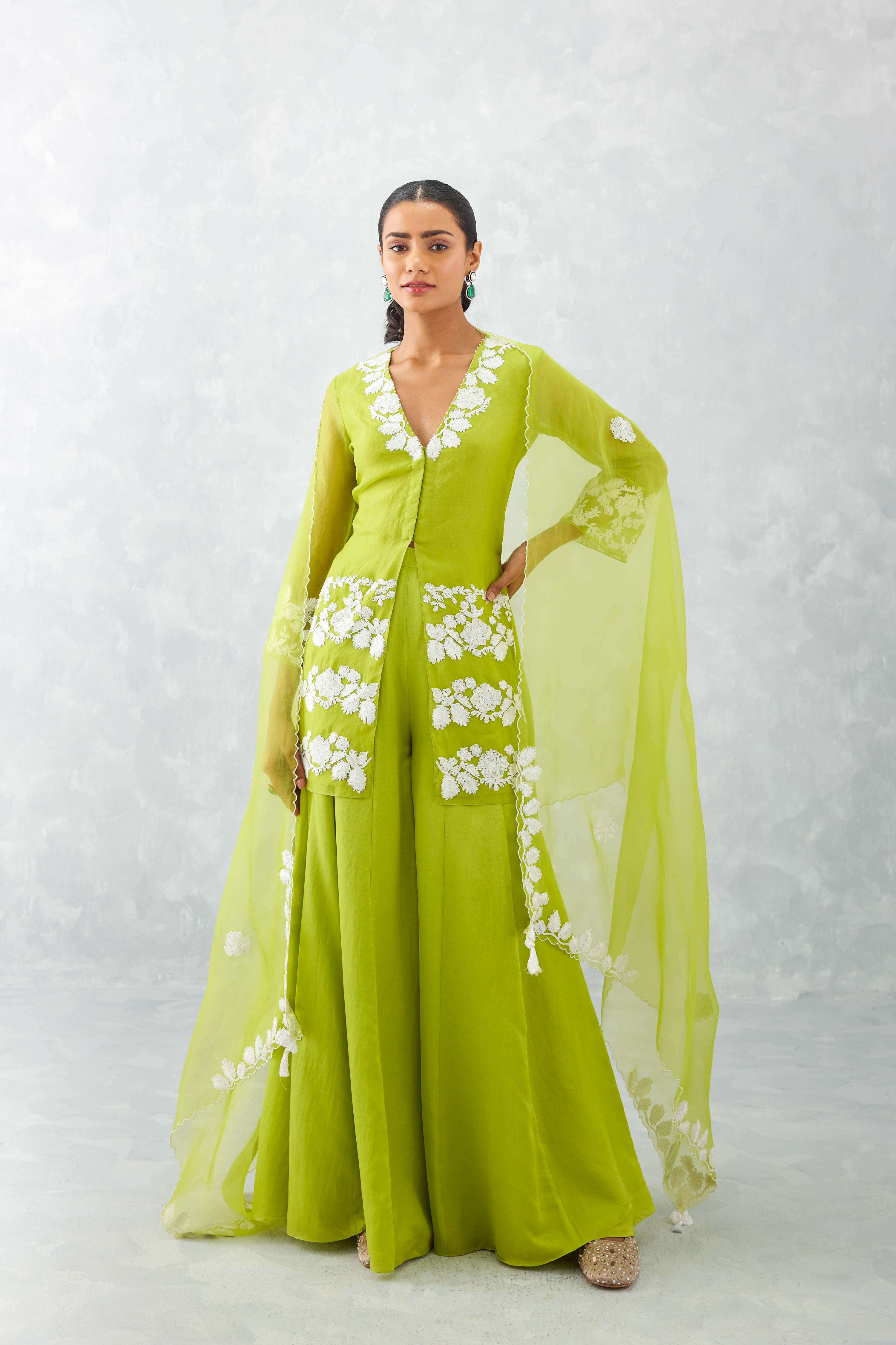 Green Embroidered Front Slit Sharara Set