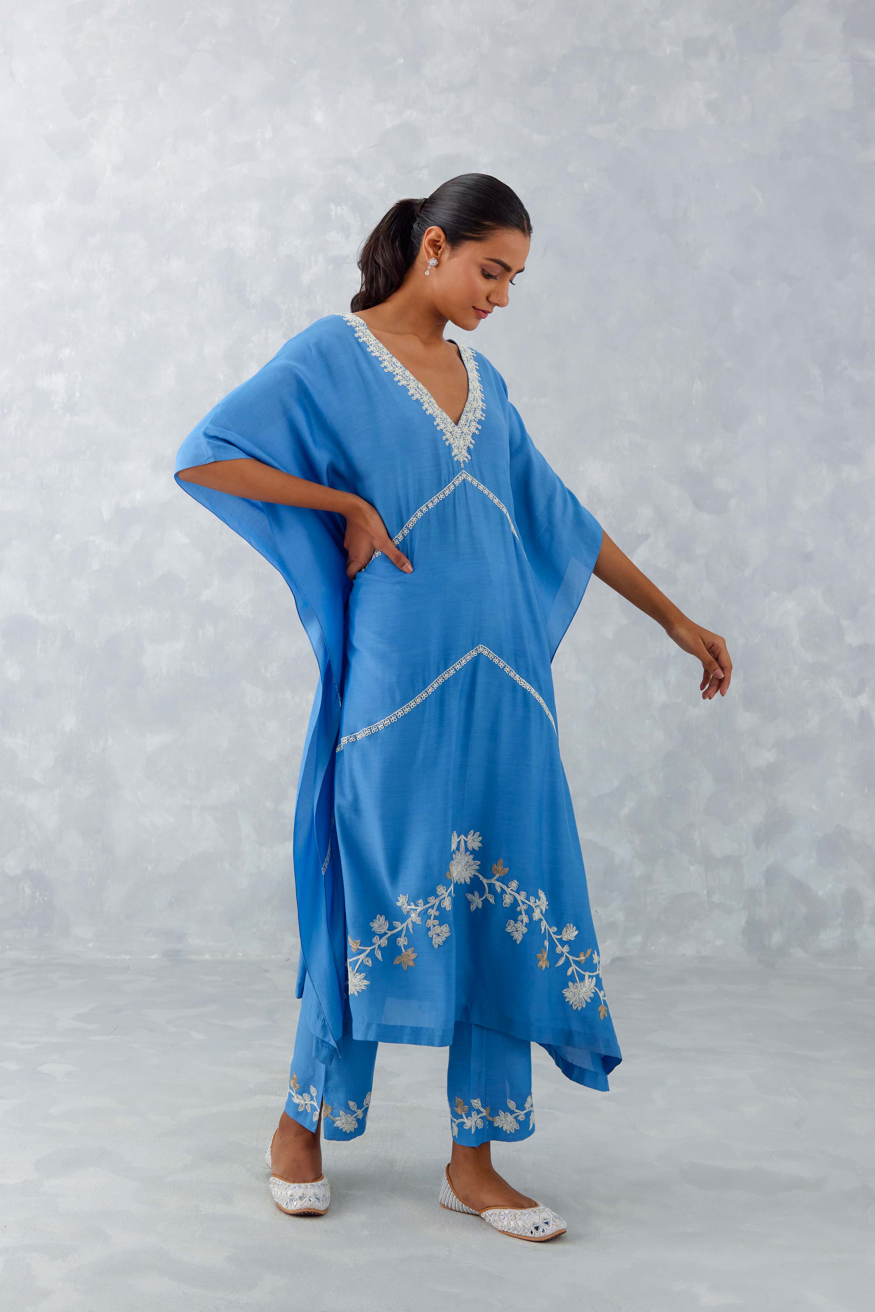 Ice Blue Embroidered Muslin Kaftan Set