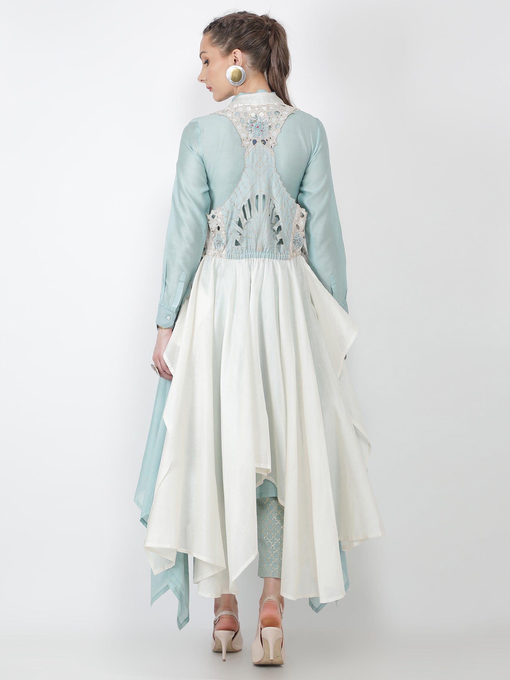 Embroidered Racer Back Jacket With Chanderi Side Draped Shirt And Pants