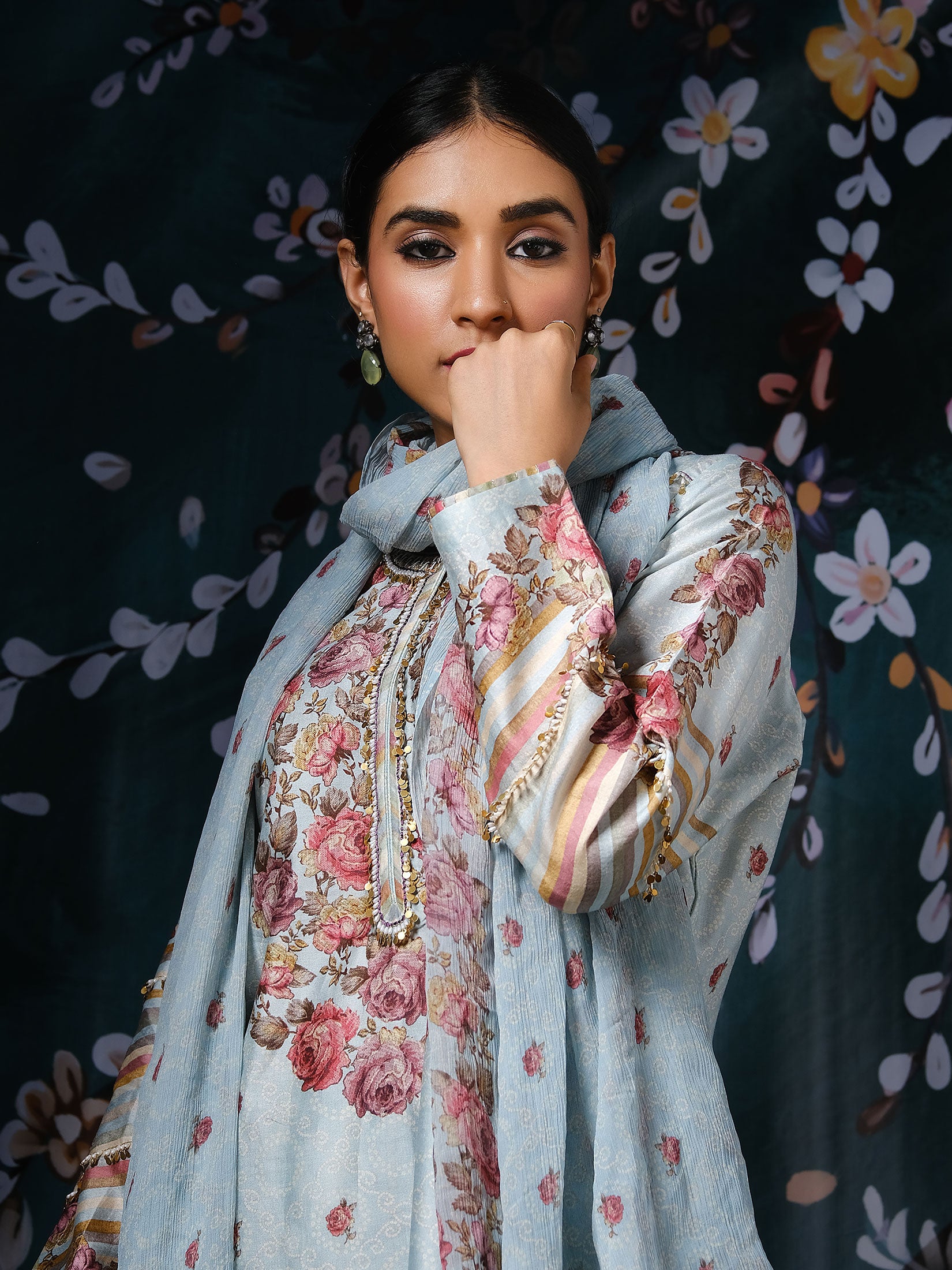 Classic Neck Rose and Stripe with Dupatta - Light Blue