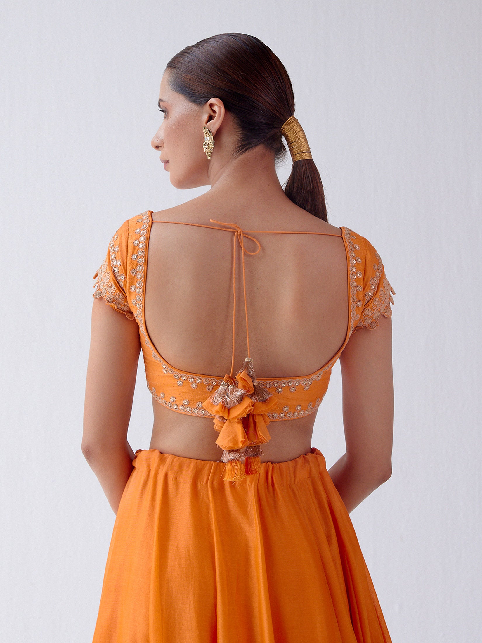 Orange Color Art Silk Base Silk Weave Lehenga With Frill Sleeves Blouse