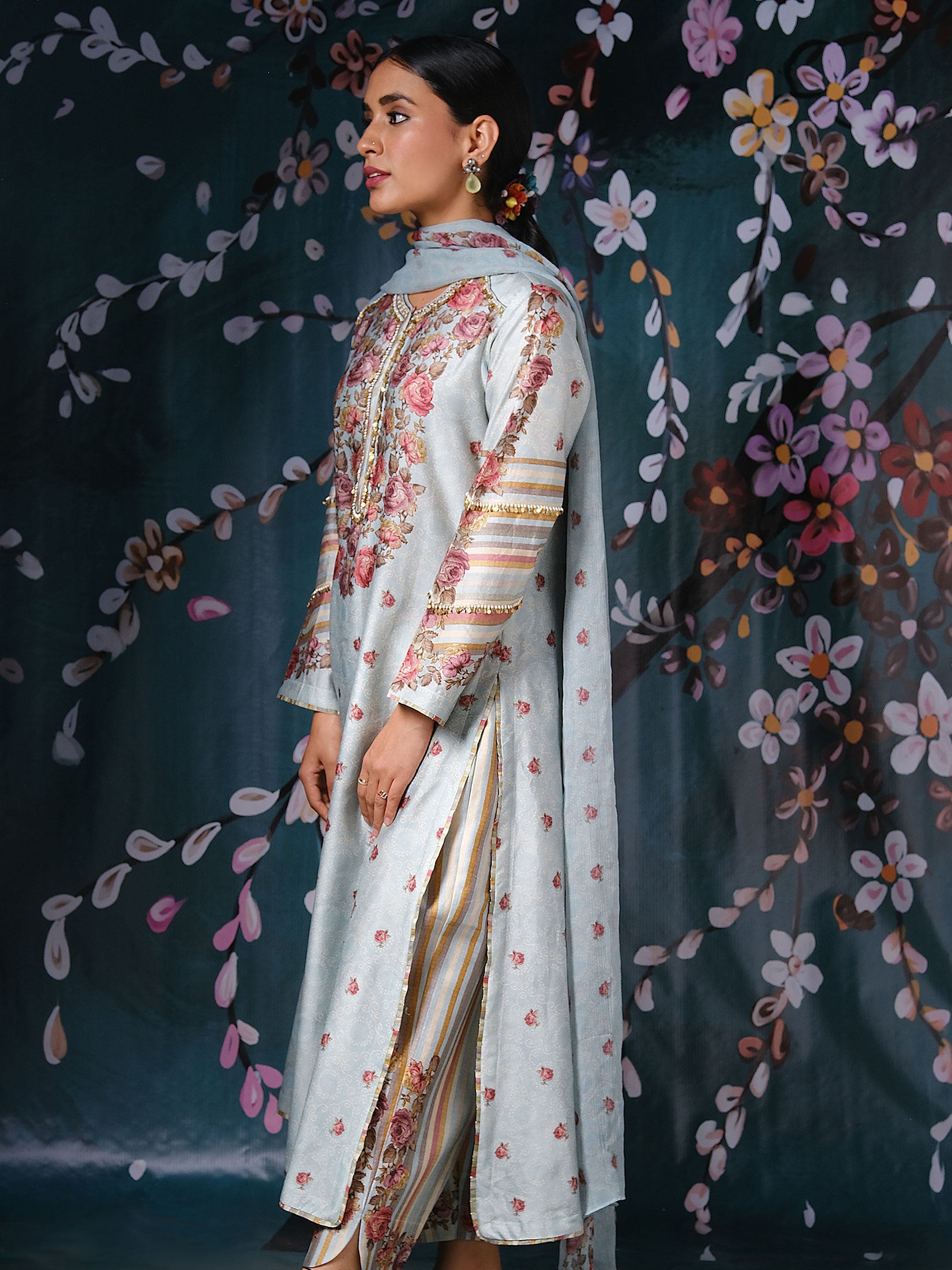 Classic Neck Rose and Stripe with Dupatta - Light Blue